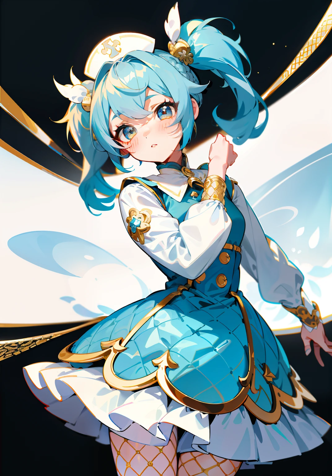 genshin game style, 1GIRL, Character design sheet of a astronomical girl, finely detailed, cryo vision holder, (best quality), (intricate details), nurse style, multicolored, ((short blue hair)), ((short hair in pigtails)), best quality, ((long sleeve button up puffy dress)), ((white clothes with gold accents)), ((white ruff collar)), ((wears fishnets)), ((round eyes)), wears a big white bow on head, beautiful face, cute face, pinup, perfect face, icey winter background