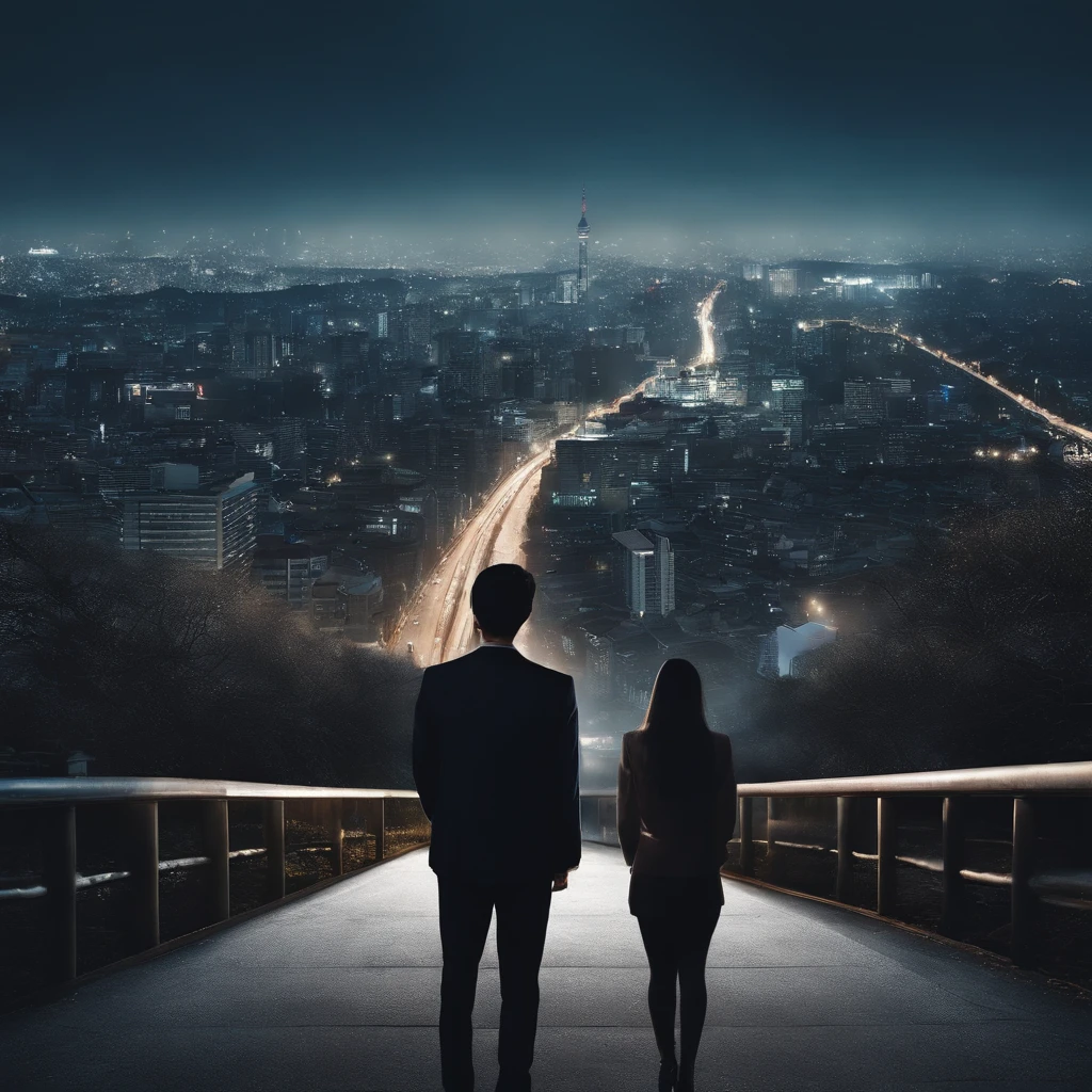 Album Cover Design Ideas:
1. **Background with**:
-feature: Turbid night view of Seoul city, You can see the silhouette of the building and the lights of the car.
-Color: A little grey and blue, Overall feeling cold.
2. **Central figure**:
-feature: Korean men and women are standing on opposite sides of each other and not looking at each other.
6. **Detail items**:
-clock: Centrally located, Symbolizing that time stands still.
-photograph: Separated between the figures,, A little torn appearance.
5. **atmosphere**:
- Overall calm and calm, However, it is designed to make you feel the weight of sadness and separation.
summarization: This album cover is about the distance between the two and the distance between their feelings, They try to express their regret and love for each other at the same time.