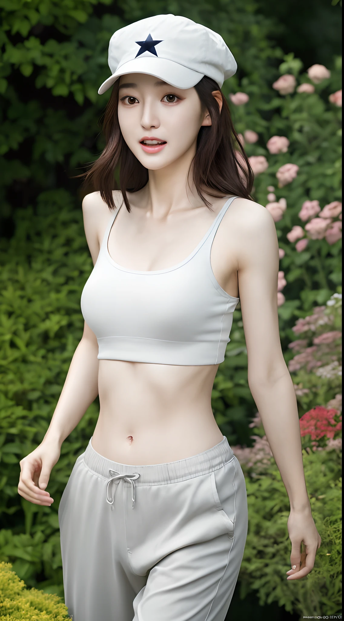 realistic photos of (1 cute Korean star) Shoulder-length hair, thin makeup, medium breasts size, wearing cap, tank top and pants, running in the garden, clear facial features of Canon EOS, 8K high resolution, sharp and realistic details.
