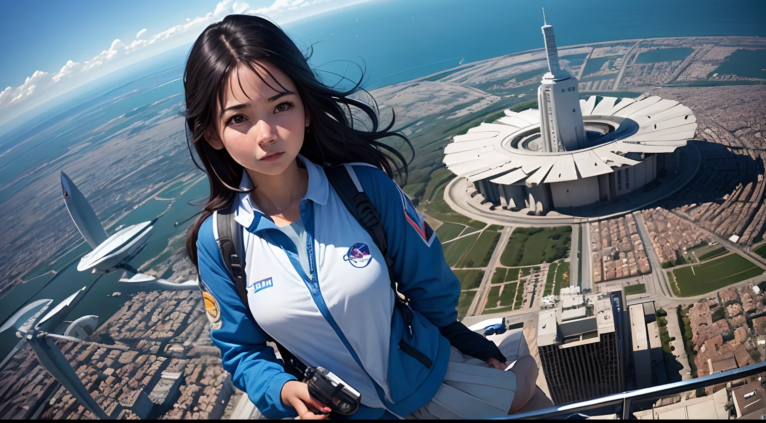 1 girl of 20 years, Sosteniendo el planeta azul en la mano, Estar en el aire, bird 's-eye view, science fiction city, Hay resplandor,