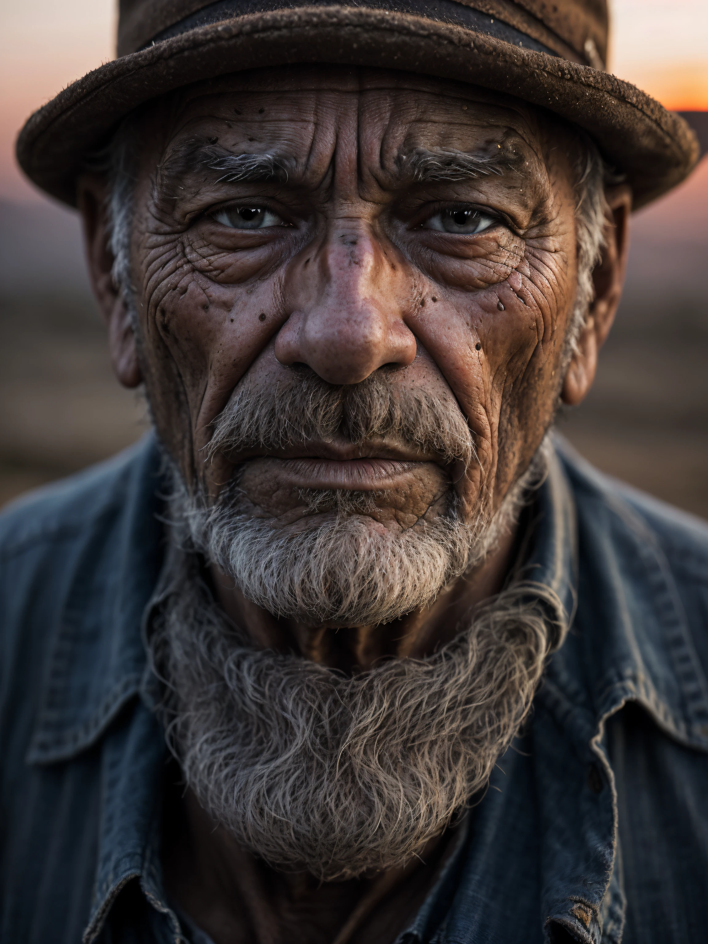 emotional portrait photo of old man in rugged bluesman clothes, face, looking at viewer, portrait, (skin pores:1.2), (moles:0.8), (imperfect skin:1.1), intricate details, goosebumps, flawless face, cinematic, dark, muted colors, atmosphere, ((macro lens)), sunset