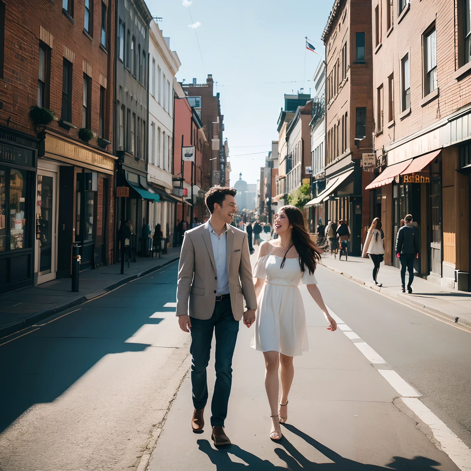 A couple walking down lively street A happy scene for a couple