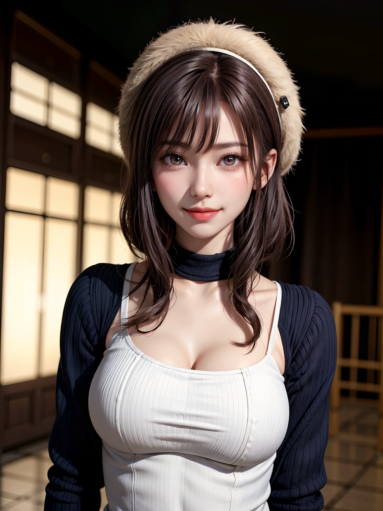 1 Japanese girl,(black sweater:1.4),(She wears a knitted snood around her neck to hide her chin................:1.5), (Raw photo, highest quality), (realistic, Photoreal:1.4), table top, very delicate and beautiful, very detailed, 8k wallpaper, wonderful, finely, very detailedCGの統一性, High resolution, soft light, Beautiful detailed 19 year old, very detailed目と顔, beautifully detailed nose, detailed and beautiful eyes,cinematic lighting,night city lights,perfect anatomy,very big breasts、slender body,smile  (hair is dirty, asymmetrical bangs, light brown hair,)、(((exposing one&#39;s chest)))、(((exposing nipples)))、Hands are not reflected、