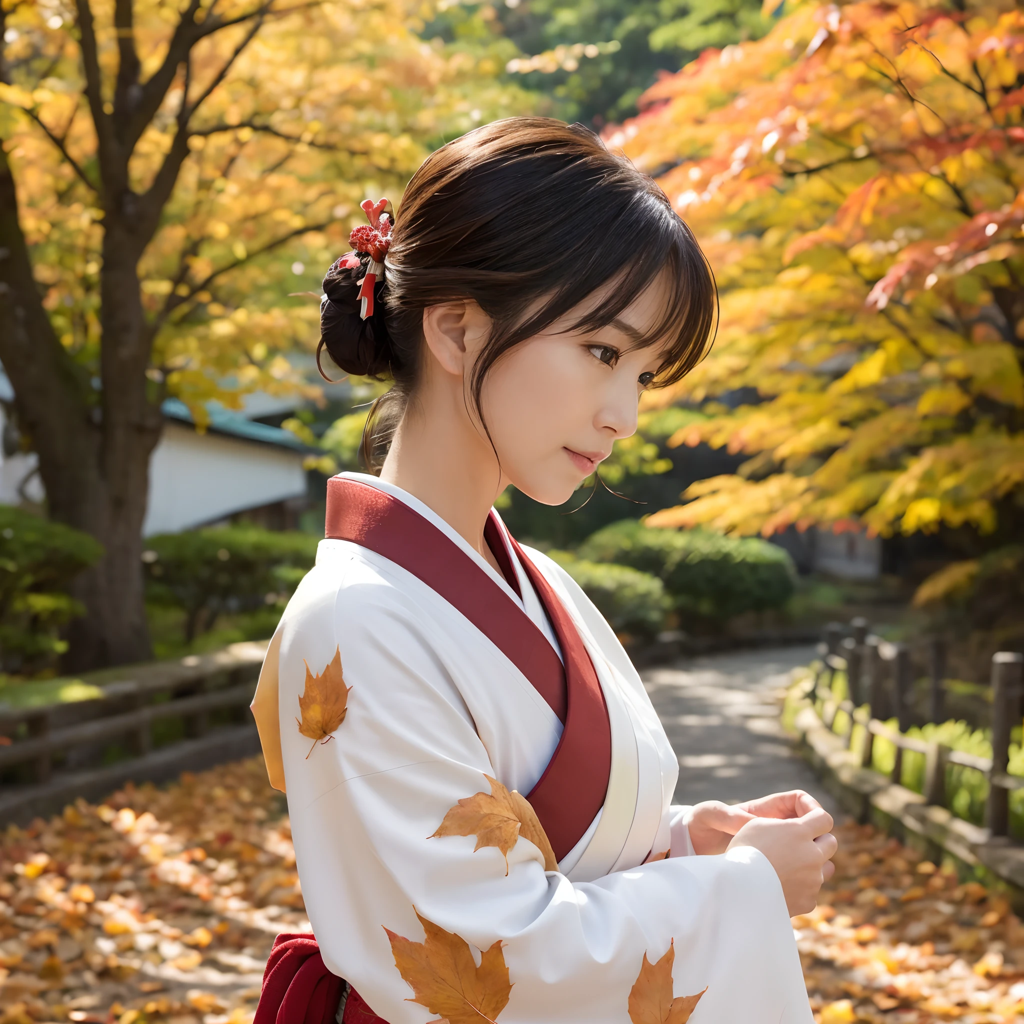 Female in her 40s、Wear a clean Japan kimono、Hair is up、autumn leaves in background、