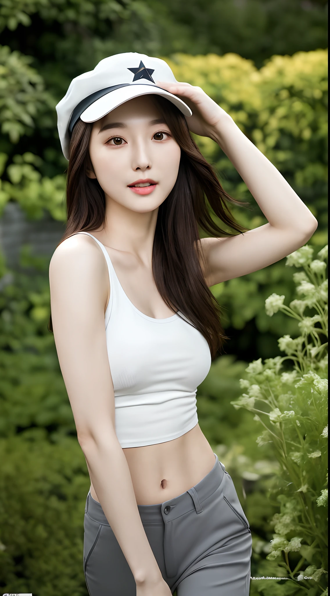Realistic photos of (1 cute Korean star) ponytail, thin makeup, slightly smile, 32 inch breasts size, wearing v-neck crop top, standing at river side, close-up portrait, UHD