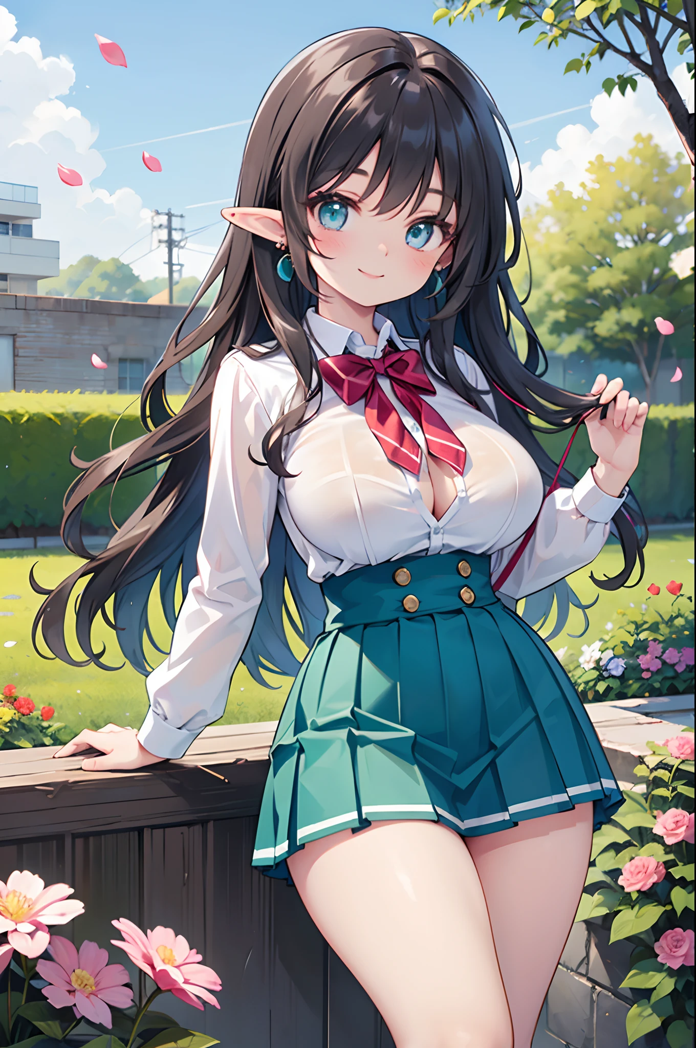 Realistic and detailed image of an elf dressed in a school uniform and pleated micro skirt. She has long wavy black hair. Turquoise eyes. She has earrings, long eyelashes. She has large breasts, slim waist, wide hips and thick thighs. Smiling, pleased face. Arched back. There is a garden with flower petals falling around her.
