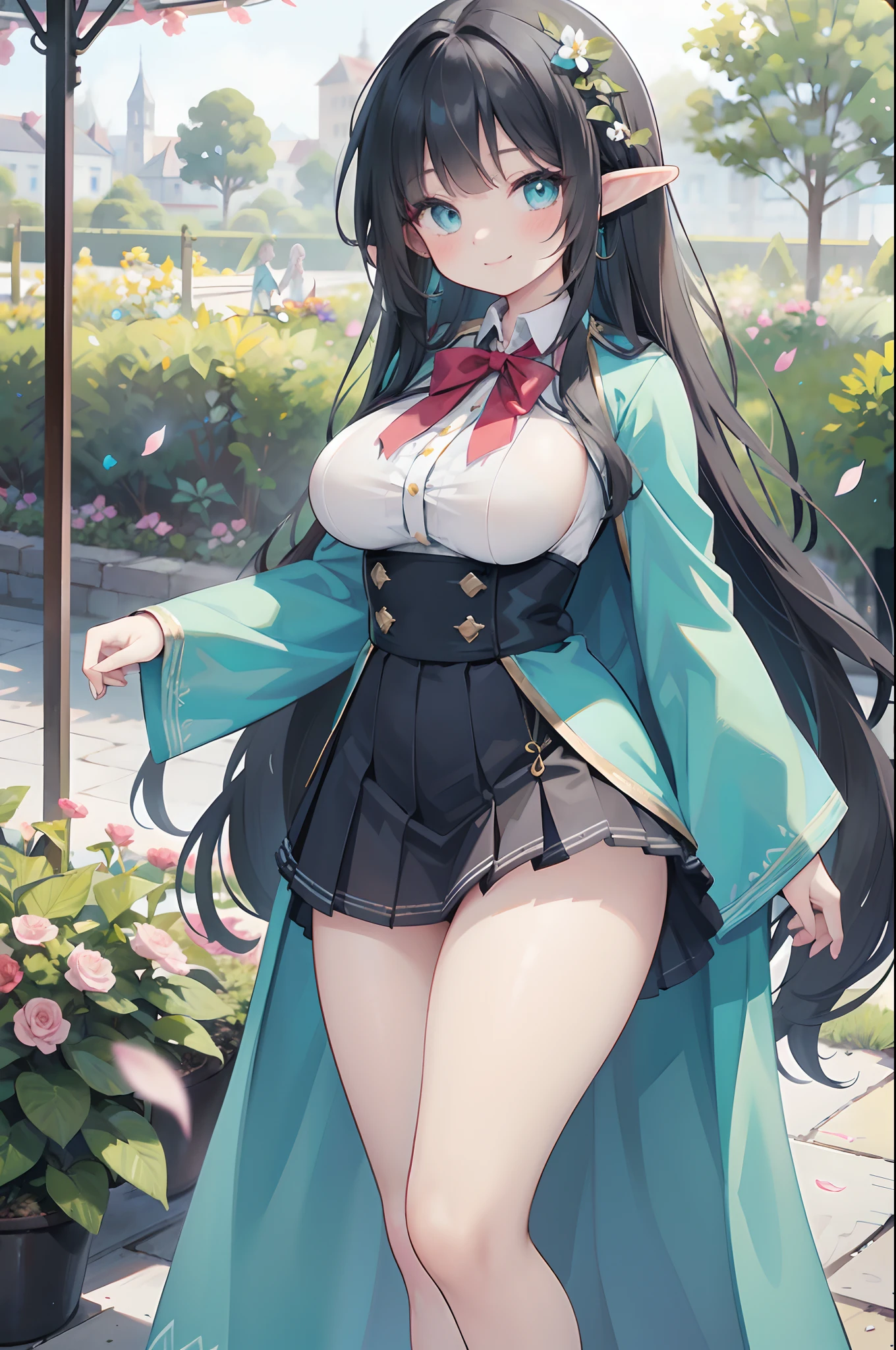 Realistic and detailed image of an elf dressed in a school uniform and pleated micro skirt. She has long wavy black hair. Turquoise eyes. She has earrings, long eyelashes. She has large breasts, slim waist, wide hips and thick thighs. Smiling, pleased face. Arched back. There is a garden with flower petals falling around her.