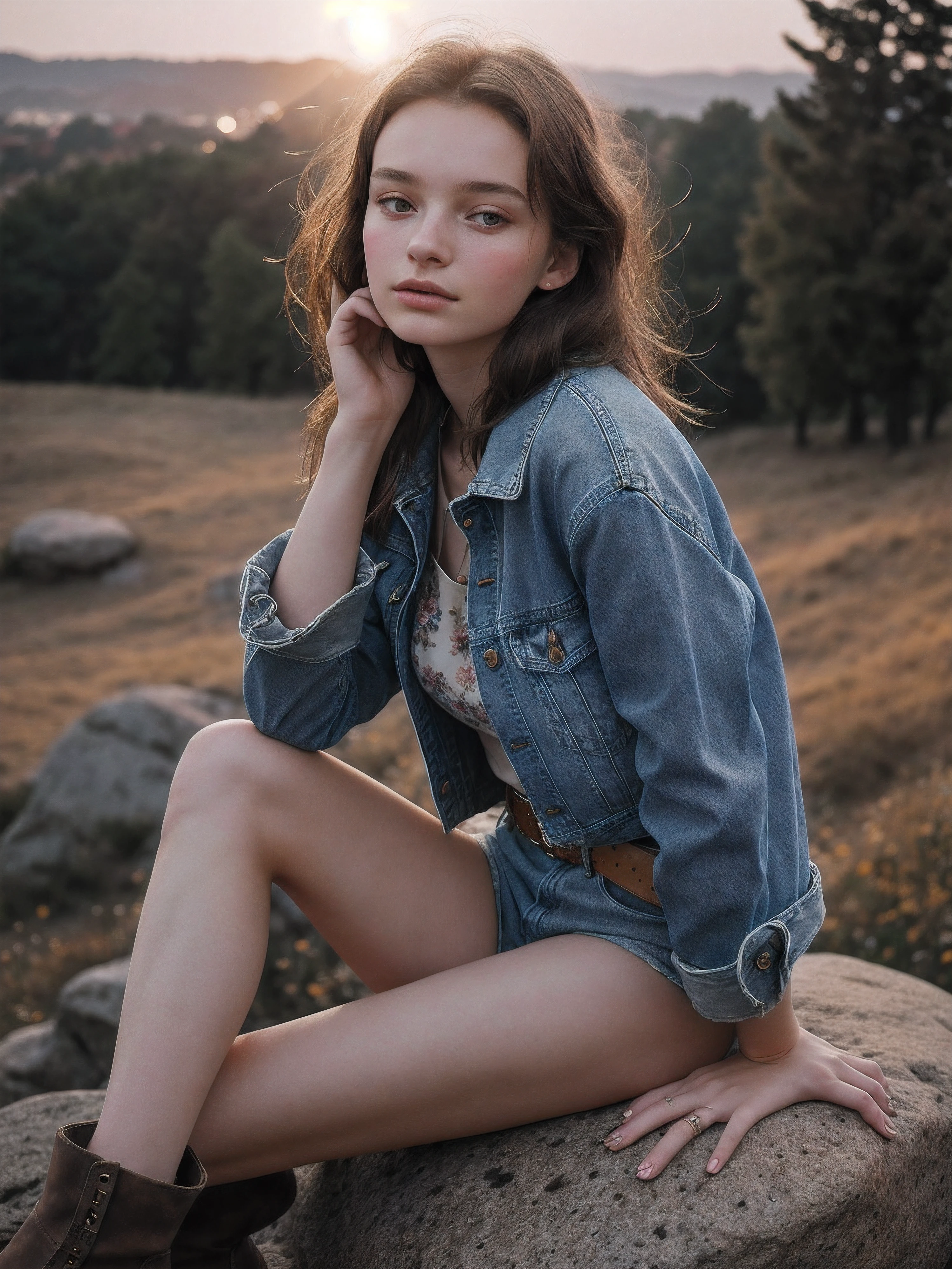 half body photo of a beautiful 20 years old Czech girl, Resting on a boulder, looking out into the distance with a sense of wonder., Cropped denim jacket, floral dress, ankle boots, woven belt, statement ring, (lofi, bokeh), by Marta Bevacqua, golden hour, cinematic lighting, (hazy filter, film grain:1.2)