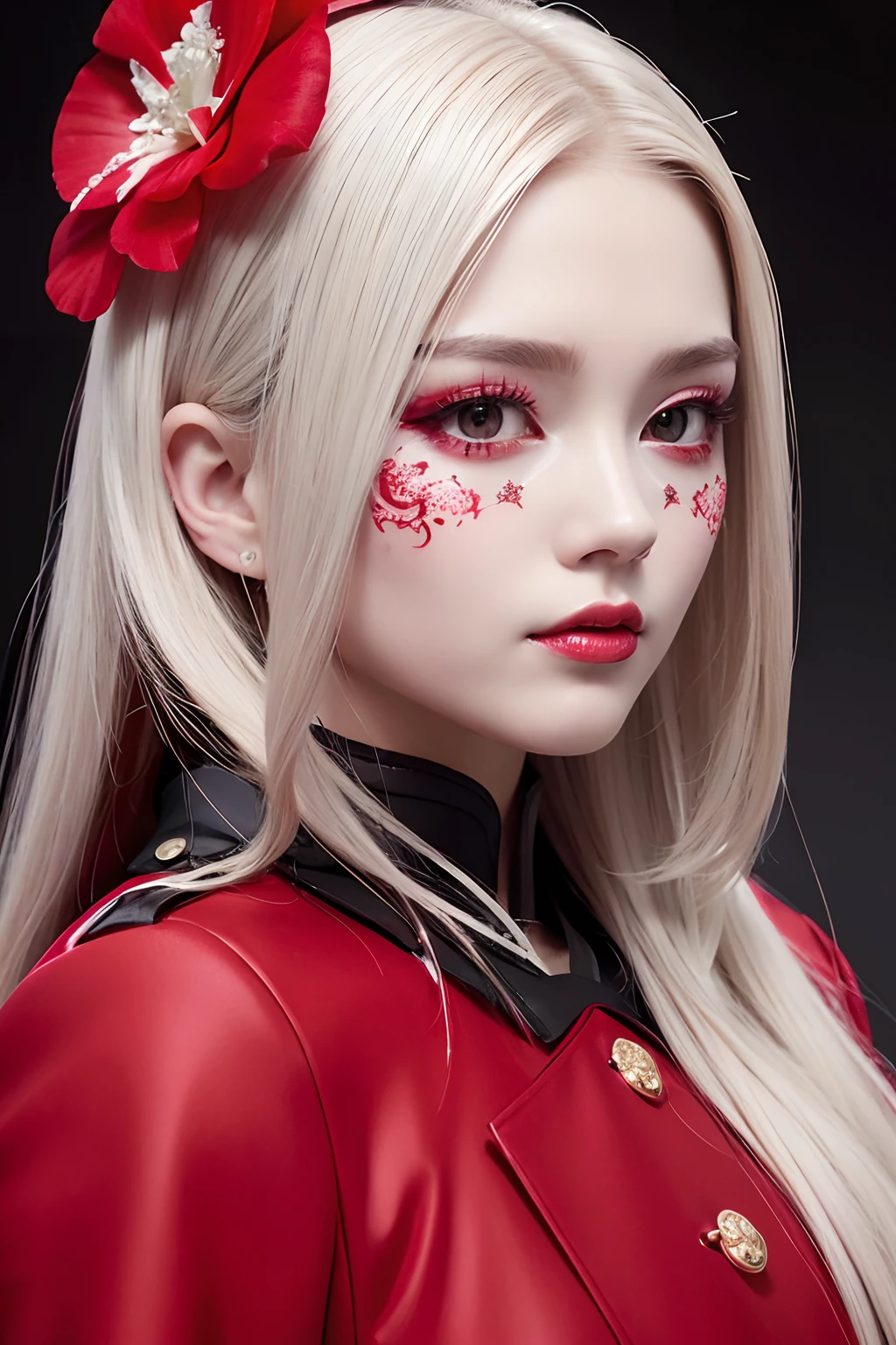 (Red Long Coat),Ultra 8K,Black skirt,White Tea ,(Red Mask), ((Detailed face, beautifull face, Full Makeup)), realisitic,(medium), (Ultra-detailed:1.2),hot with shining sun,long hair,Putting a flower in your hair,