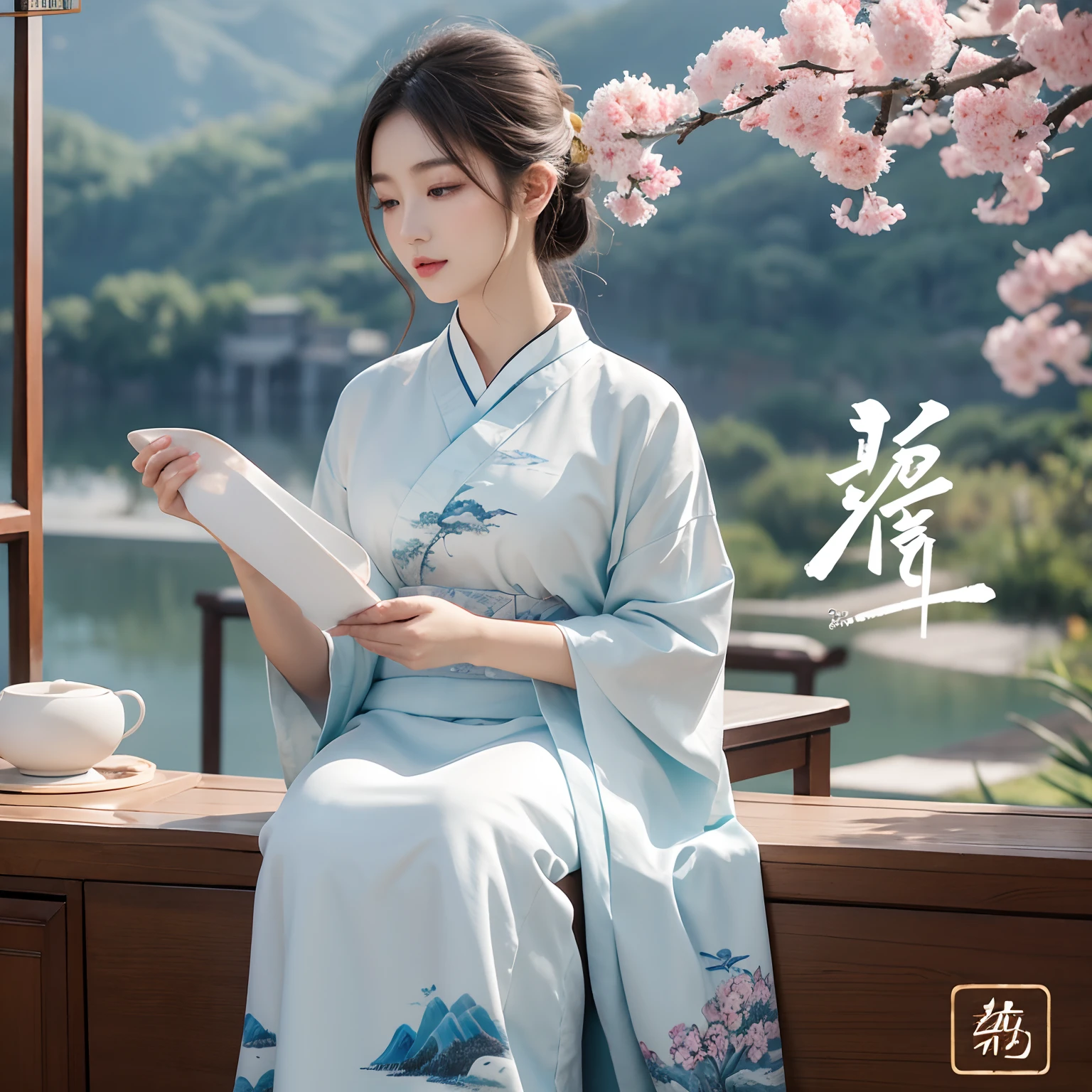 Design a Jingdezhen porcelain poster,Place the elegant landscape background、Traditional beauty、Fine porcelain、Kanji calligraphy is combined with pastel tones,In order to show the natural beauty and traditional cultural charm of Jingdezhen。