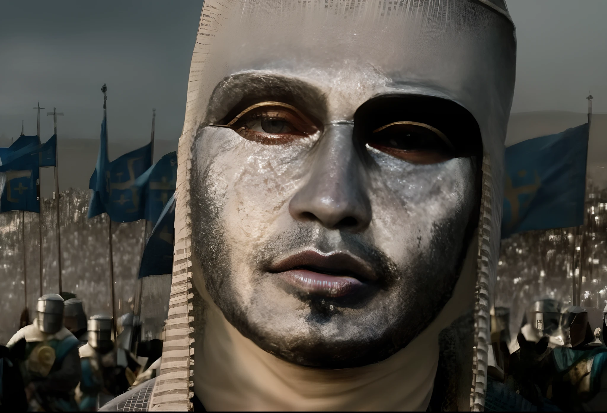 A closeup of a man in a silver mask with a crowd of people behind him, Gondor, face of an armored villian, Robert de Niro como Coringa Medieval, usando capacete ornamentado, Sqare-jawed em roupas medievais, coberto com armadura de prata completa, Grande Rei de Stovokor, usando armadura de correnteza, templar, usando corrente de correio
