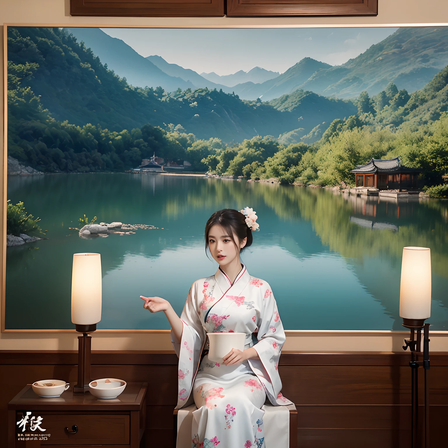 Design a Jingdezhen porcelain poster，Place the elegant landscape background、Traditional beauty、Fine porcelain、Kanji calligraphy is combined with pastel tones，In order to show the natural beauty and traditional cultural charm of Jingdezhen。