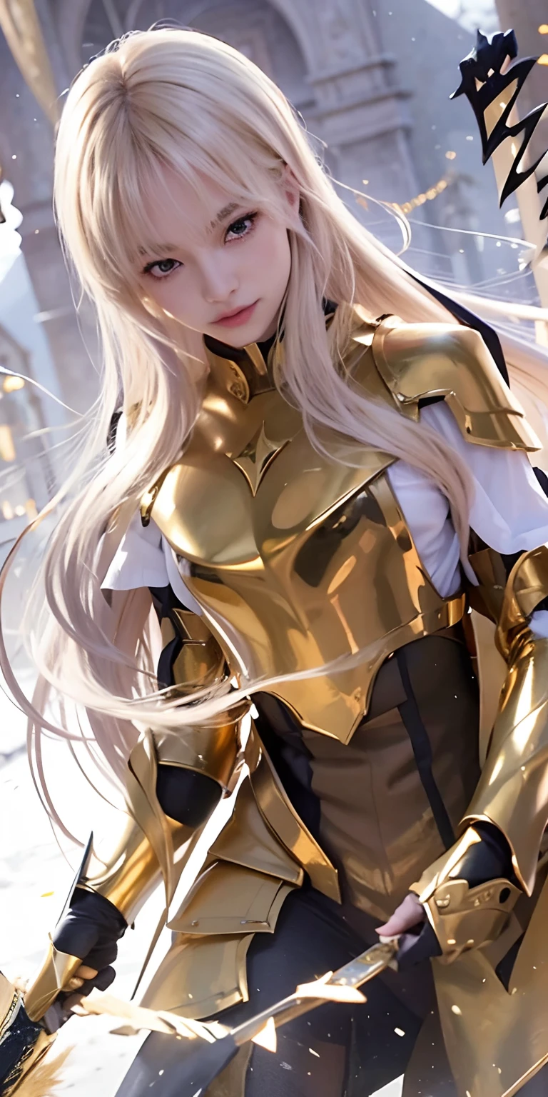 1girl,big breast, blonde hair,golden armor, ultra detailed, masterpiece, holding a sword