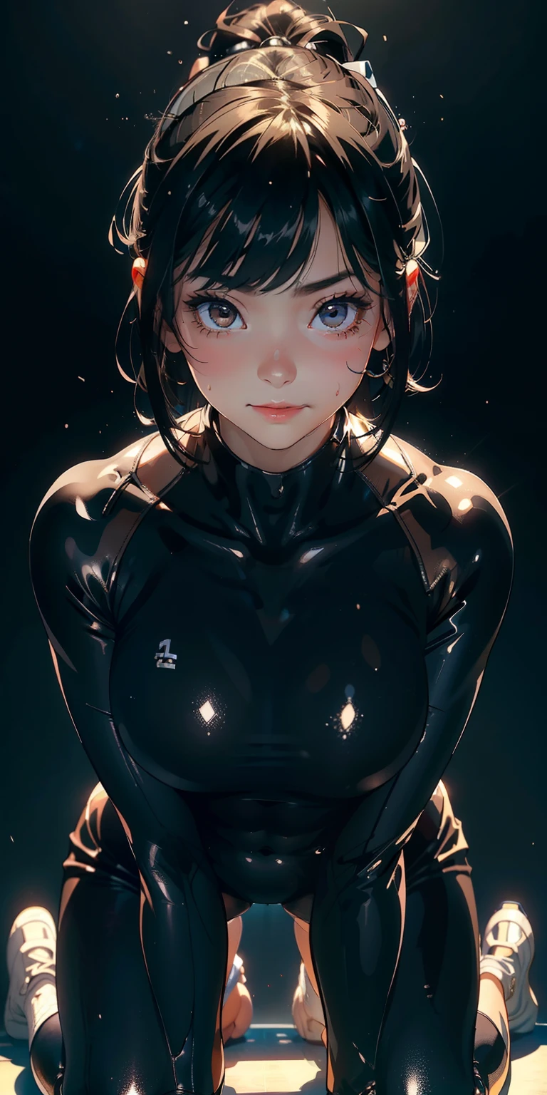 13-year-old girl, 独奏, Kneel in a bodysuit in tight-fitting transparent tights、Smiling buttocks emphasizing smiling buttocks kneeling on the floor、Super close-up looking up from below、gymnast、masterpiece, top-quality, realisitic, ultra-detailliert, (shinny skin, Sweating: 1.4), Versatile sexy poses、short dark hair, Brown-eyed, slender, dynamic light and shadow, hight resolution, foco nítido, depth of fields, Narrow-eyed, Sharp pupils, Realistic pupils, (breasts are small: 1.6), (Thigh thickness: 1.0),Gymnastics Stadium