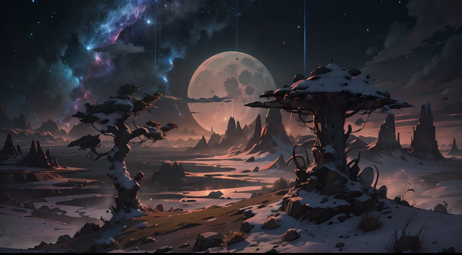 Expansive landscape photography, (See below.), Above is the sky, Below is an open field), (Full Moon: 1.2), (Meteor: 0.9), (Nebula: 1.3), distant mountain, BREAK tree making art, (Warm light source: 1.2), (Firefly: 1.2), lights, Very purple and orange, complicated detail, volume lighting, BREAK realism (Masterpiece: 1.2), (best quality), Ultra-detailed, RAWExtremely detailed, Colorful details, (Rainbow colors: 1.2), (bright lighting, atmospheric lighting), Dreamlike, Magical, 4k