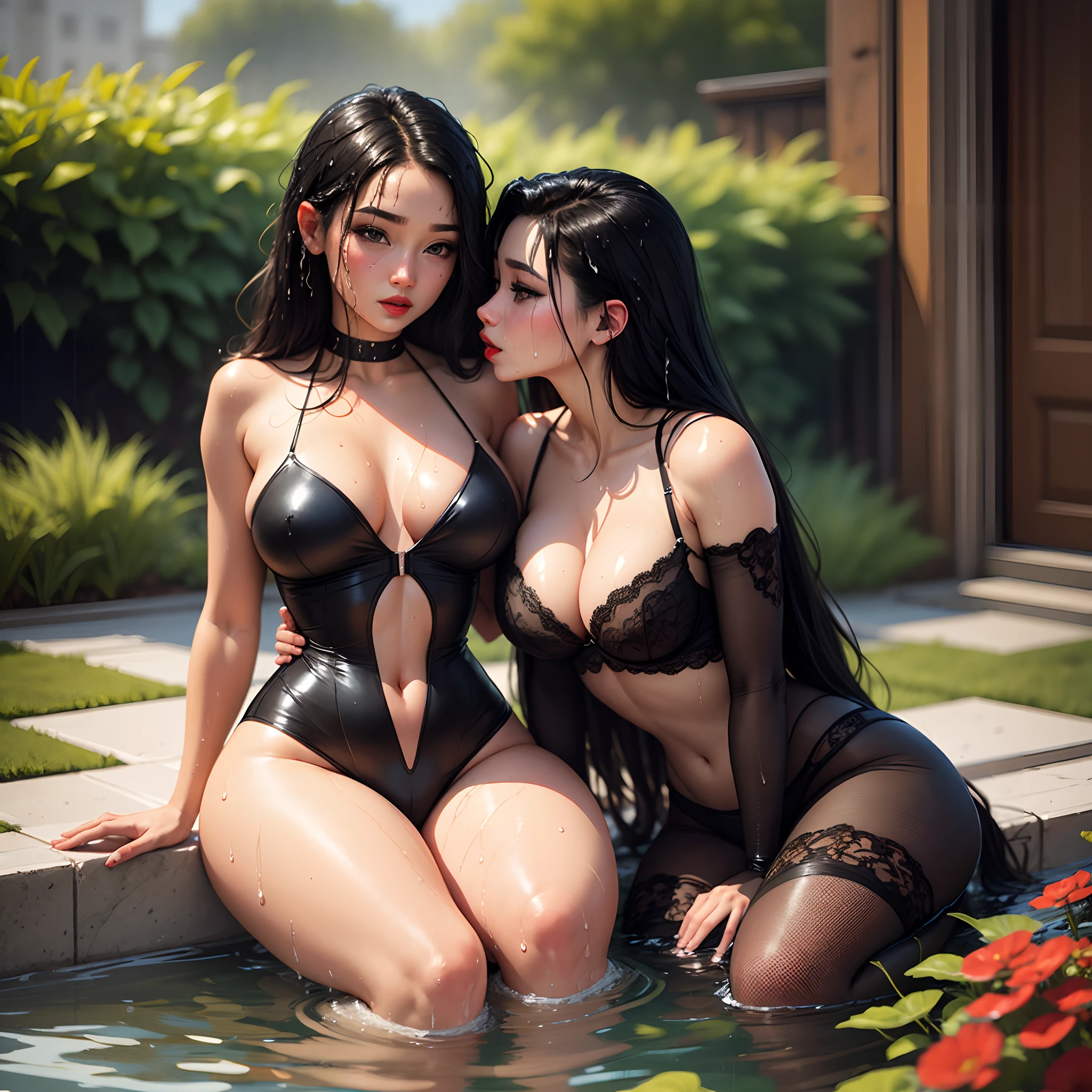 two models kissing, they wear transparent silk black lingerie, ikini waifu Curvy 20 yo, ((breast, breast:0.1)), ((perky black breast nubs:0.1)), crimson red lips, hairs Long and Straight, hand on hip, black hair, exposed breast, sitting in garden blonde, wide hips, big chest, (Open chest, Wet Body:1.3), realistic, hyper sexy, very sexy bodies, hot, wet, best quality --auto --s2