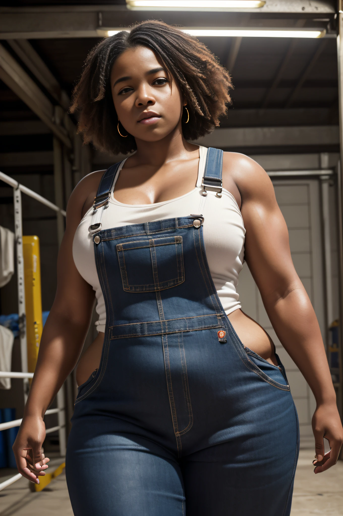 analog style, (photo of a young stocky:1.8 black woman1:8 wearing overalls), 1girl, curly hair, african-american, (heavy, wrestler, thicc:1.3, muscular:1.3, curvy:1.3, broad:1.3), garage background, best quality, epic (photo, sony a7, 50 mm, pores:1.5, colors, hyperdetailed:1.5, film grain:1.4, hyperrealistic: 1.5), octane render, hyper-realistic lifelike texture, masterpiece, unreal engine 5, Extremely detailed CG unity 8k wallpaper, Madly detailed photo, hyper-realistic light, (Winner of the Pulitzer Prize for Photography and Taylor Wessing Photographic Prize)