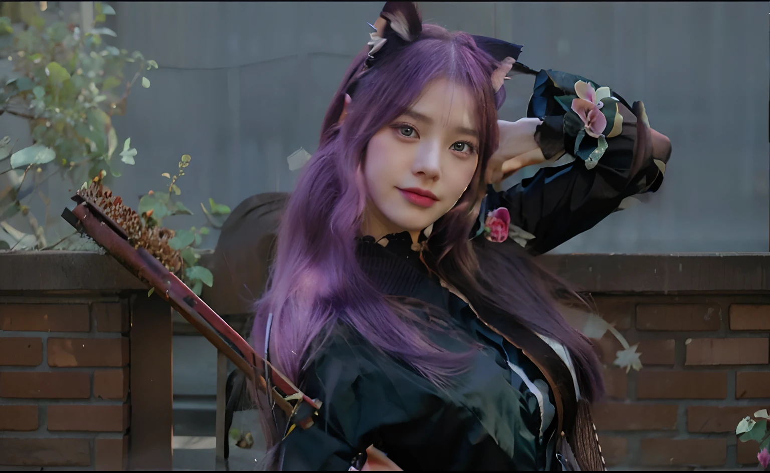1girl, purple long hair with cat ears, rose in lips, blink eye, ultra detail, realistic, 70mm lens