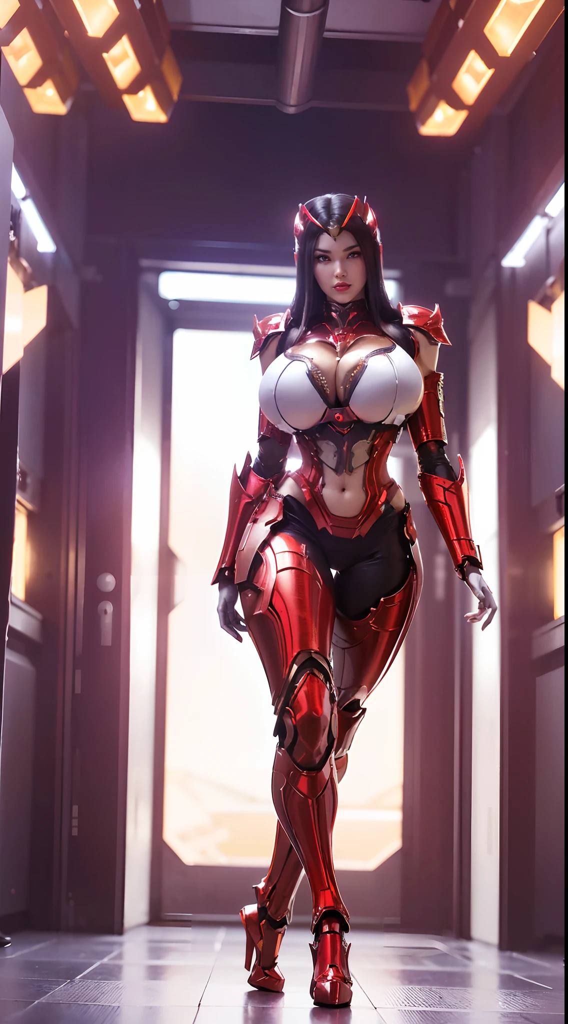 Tyran_Thai Lan, (1GIRL, ALONE, SOLO), (super detailed face), (half face mecha helm:1), (BIG BUTTOCKS, HUGE FAKE BREAST:1.5), (CLEAVAGE:1.5), (MUSCLE ABS:1.3), (MECHA GUARD ARMS, DIAMOND CORE IN CHEST ARMOR:1.3), (RED SHINY FUTURISTIC MECHA ARMORED, MECHA SKINTIGHT SUIT PANTS, MECHA GUARD ARMOR LEGS, HIGH HEELS:1.5), (THICC MUSCULAR FEMALE BODY, GLOWING SKIN, SEXY LONG LEGS:1.1), (LOOKING AT VIEWER:1.3), (female focus:0.886), (WALKING DOWN HALLWAY OF FUTURISTIC SPACE STATION:1), (BRIGHT LIGHT WHITE_ROOM:1.3), HYPER TEXTURE, UNREAL ENGINE RENDER, PHYSICALLY-BASED RENDERING, ULTRA HIGHT DEFINITION, 16K, 1080P.