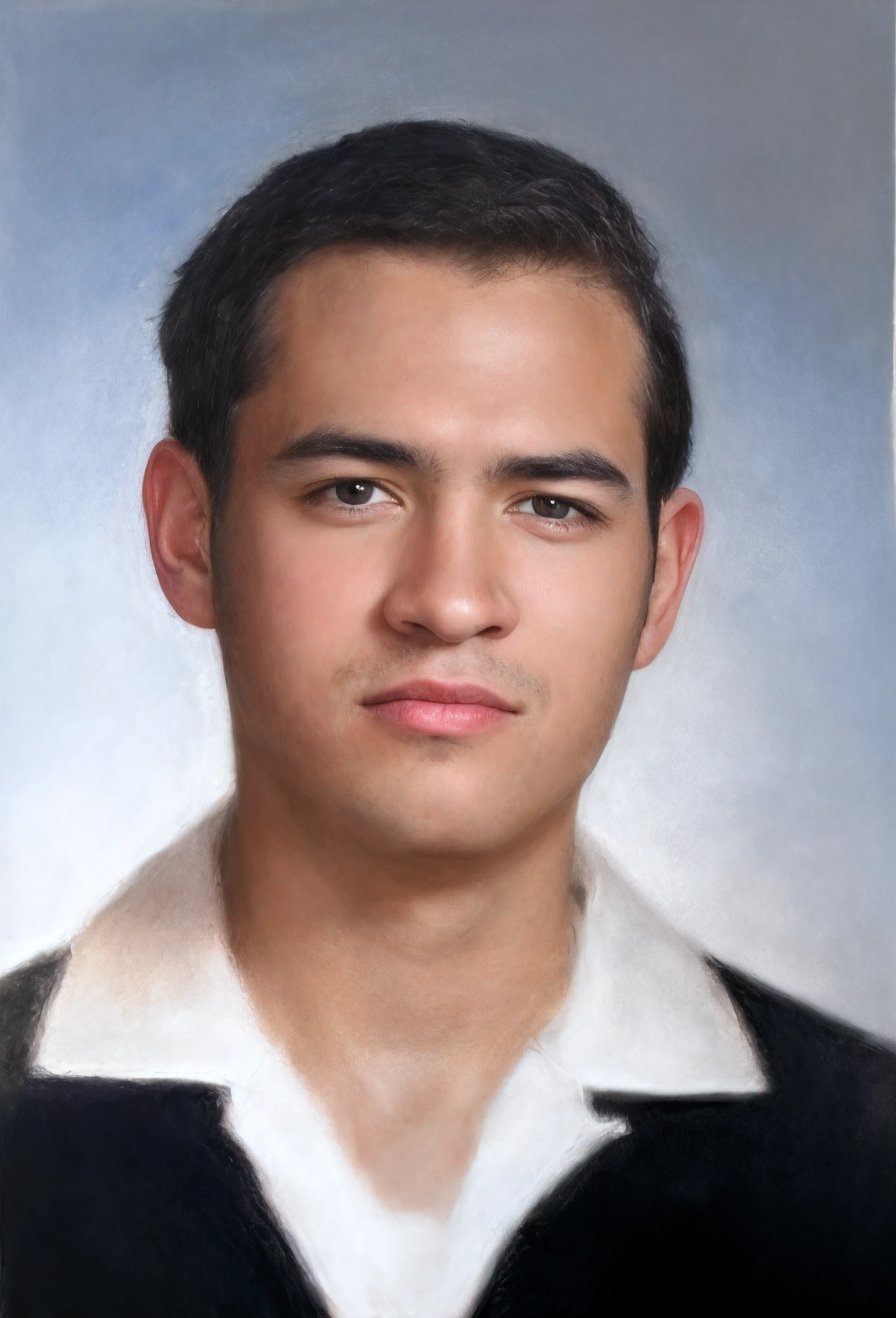 portrait of a man with a black sweater and white collar,light brown eyes,dark black, detailed facial skin,