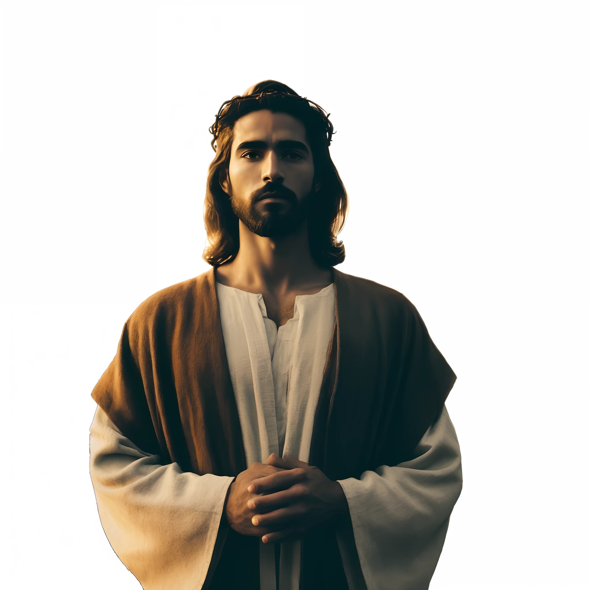arafed image of a man dressed in a robe and holding his hands together, dressed like jesus christ, jesus christ, portrait of jesus christ, jesus, jesus face, jesus of nazareth, black jesus, the lord and savior, tron legacy jesus christ, gigachad jesus, young almighty god, high contrast 8k, he is greeting you warmly