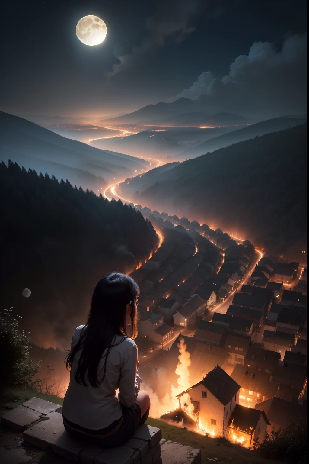 Small medieval village seen from above in the distance over a ravine medieval village between the mountains being destroyed and abandoned small medieval village among the mountains seen from a ravine in the distance being massacred and set on fire smoke clear night sky with a bright full moon small town being set on fire seen from afar over a ravine details (HD, foto)( imagen galarnonada) (realista) (renderizado) (Small medieval village) (incendiado, humo, Destruction) Seen from above Far angle from above seen from Ariba 9 year old girl kneeling on her back long straight black hair wailing view from above in a ravine Kneeling babe wailing from back close-up night starry sky full moon 9 year old girl 9 year old Viking girl with straight black hair