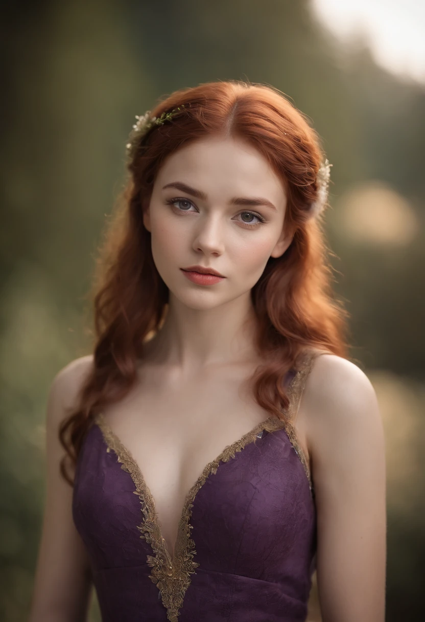 (((a ))) dark cocoa black complexion, woman around 17 years old, natural red hair, distinctive purple eyes, wearing Peter Pan dress, slender slim thick and graceful, beautiful, candlelight in a modern fantasy setting, ultra sharp focus, realistic shot, medieval female clothes, tetradic colors (scar:1.4)
