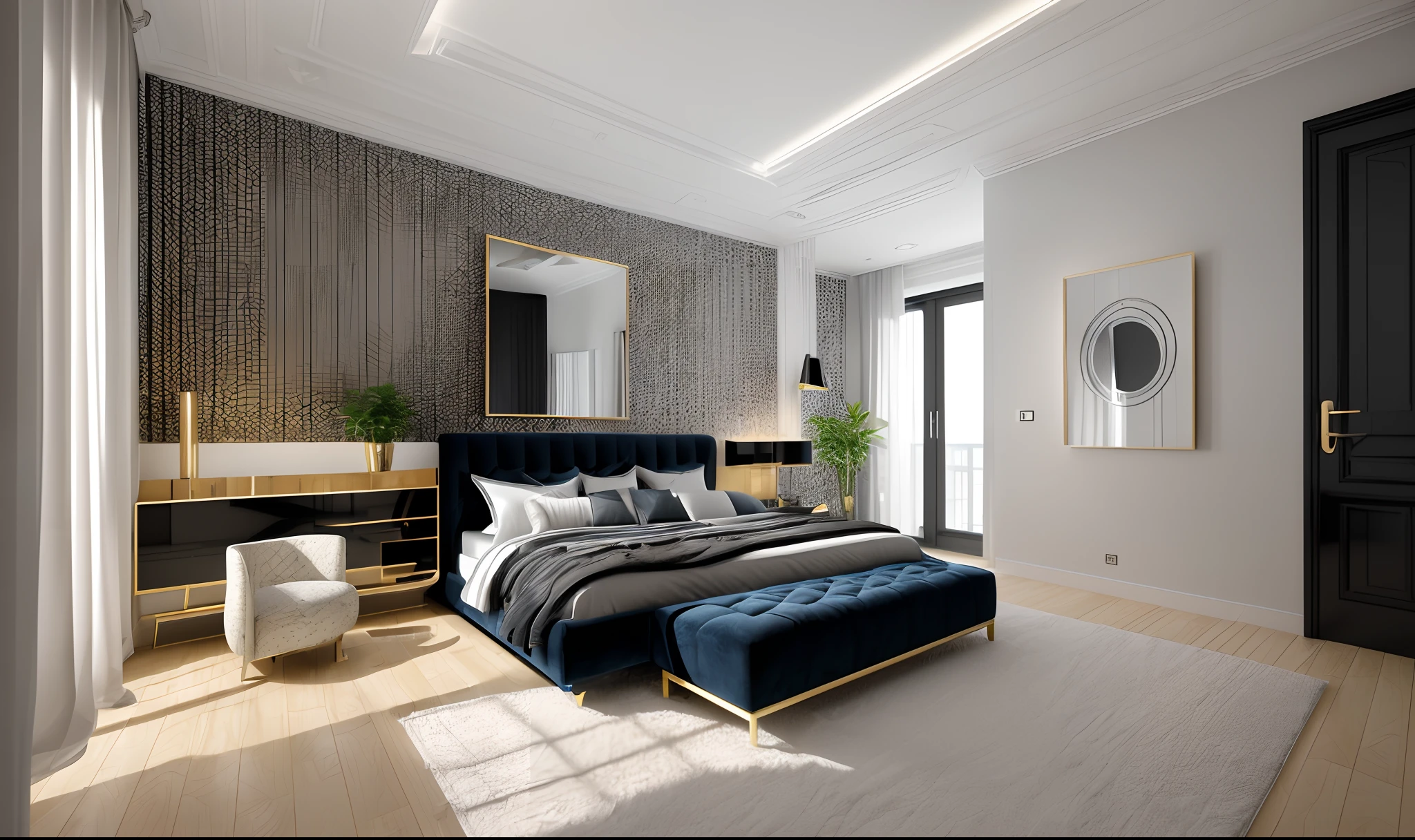 (masterpiece),(high quality), best quality, real,(realistic), super detailed, (full detail),(4k),8k,indoors,table, couch, potted plant, plant, scenery, chair, solo, wide shot, window, sitting, socks, instrument, plate, carpet, pillow, shoes, bed,a rendering of a bedroom with a bed and a dresser, an interior of room, inside of a bedroom, bedroom interior, sketch black and white colors, interior of room, in style of 3d render, bed room, black and white scheme, bedroom background, interior of a small room, sketch illustration, room interior, dim bedroom, interior design background, (( Masterpiece)), high quality, ultras realistic, 8k, modern style, hitech style, ((true light)), concept lighting, luxury style, modern style, hitech style, retro style,