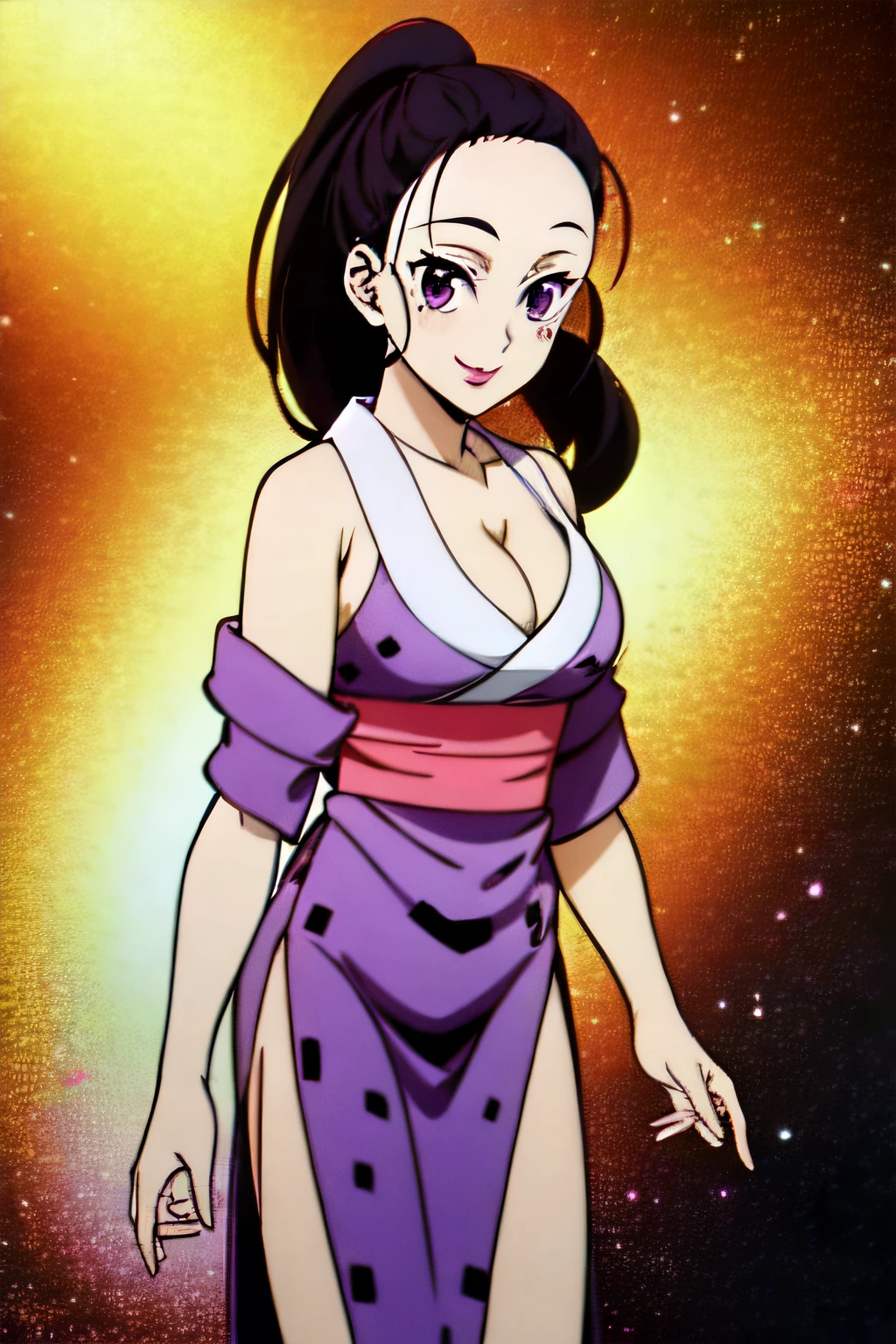 HINATSURUKNY, black hair, ponytail, purple eyes, sleveeless, bare shoulders, ((short kimono)), open forehead, lipstick, hair pulled back, cleavage, fishnet legwear, sandals, kimono, short kimono, obi, long hair,pelvic curtain, mole under eye, double slit, 1girl, solo, upper body, facing viewer, looking at viewer, smile.