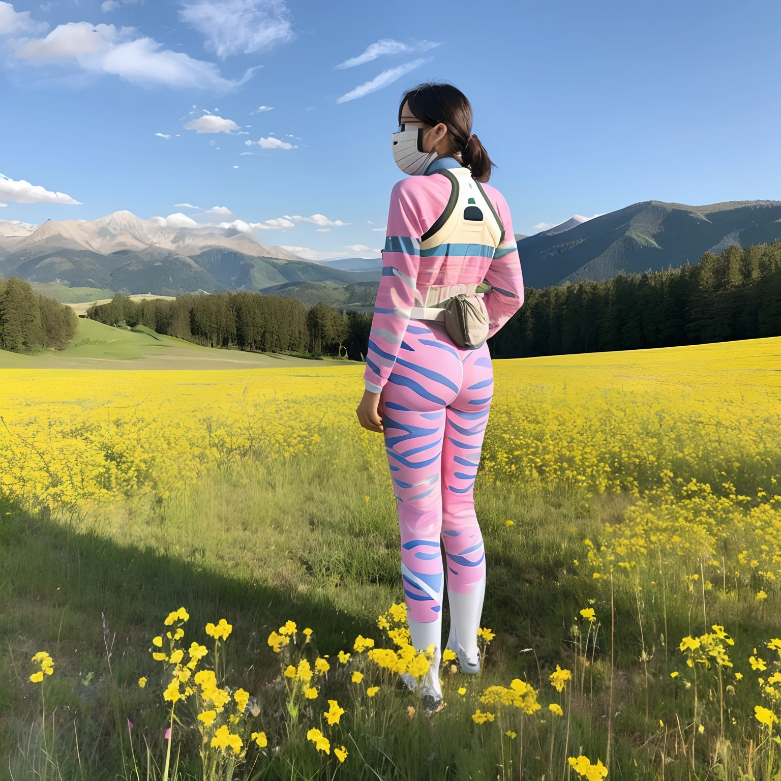 One stormtrooper mask with pink camouflage pattern、Sit and relax with your hands behind your back in the meadow, Happiness、blue open sky、Steppe with mountain ranges in the distance、 In the meadow there are many small yellow flowers、Stretch your legs and relax、 epicd, 8K、