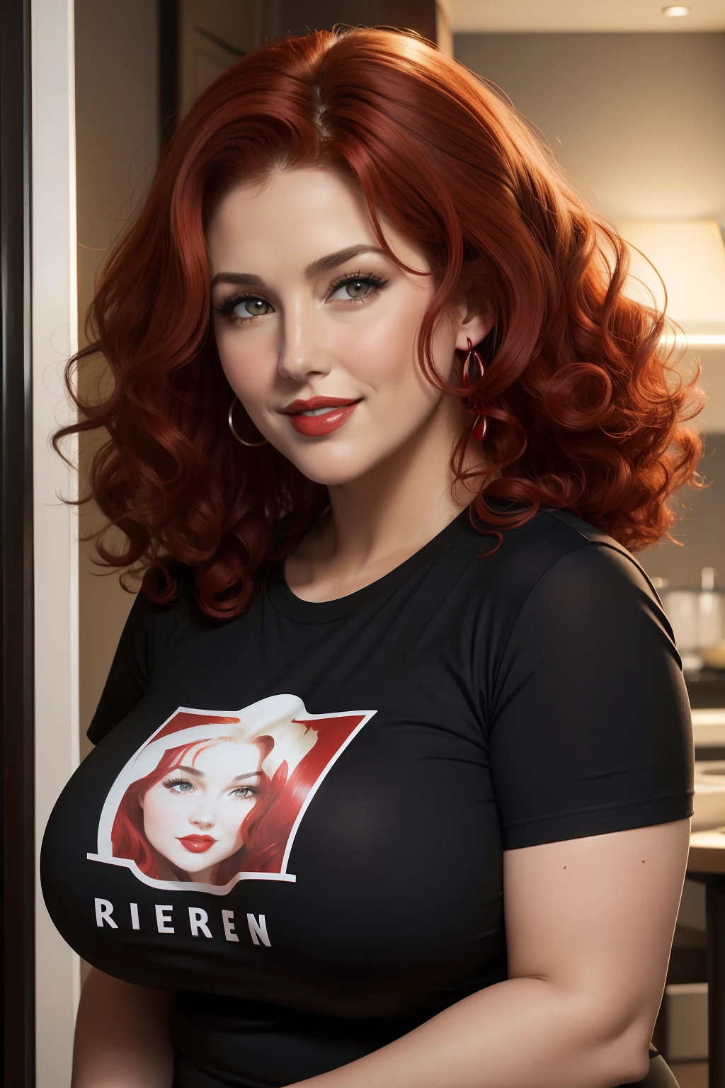 lucy pinder, face portrait, smiling, curly hair, red hair, red lipstick, very chubby woman, black t-shirt, Melora Hardin, hot