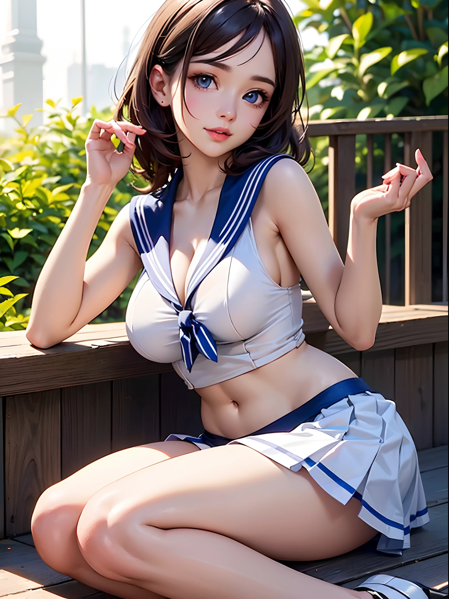 (((toppless))), (((Showing off the legs))), (((large full breasts))), (((show off cleavage))), extremely detailed CG unified 8k wallpaper, very fine 8KCG wallpaper, (masterpiece, Best Quality), High resolution, Ultra-detailed, ultra-sharp, 1 girl ,Naked, in poolside, ((( Light sailor shirt, Sleeveless, Open front))), (((Navel ))), (((Sheer Micro Mini Skirt))), (Beautiful face, Cute face, Detailed face), (((Detailed beautiful eyes))), (((Sunny))), Perfect Eyes Eyes