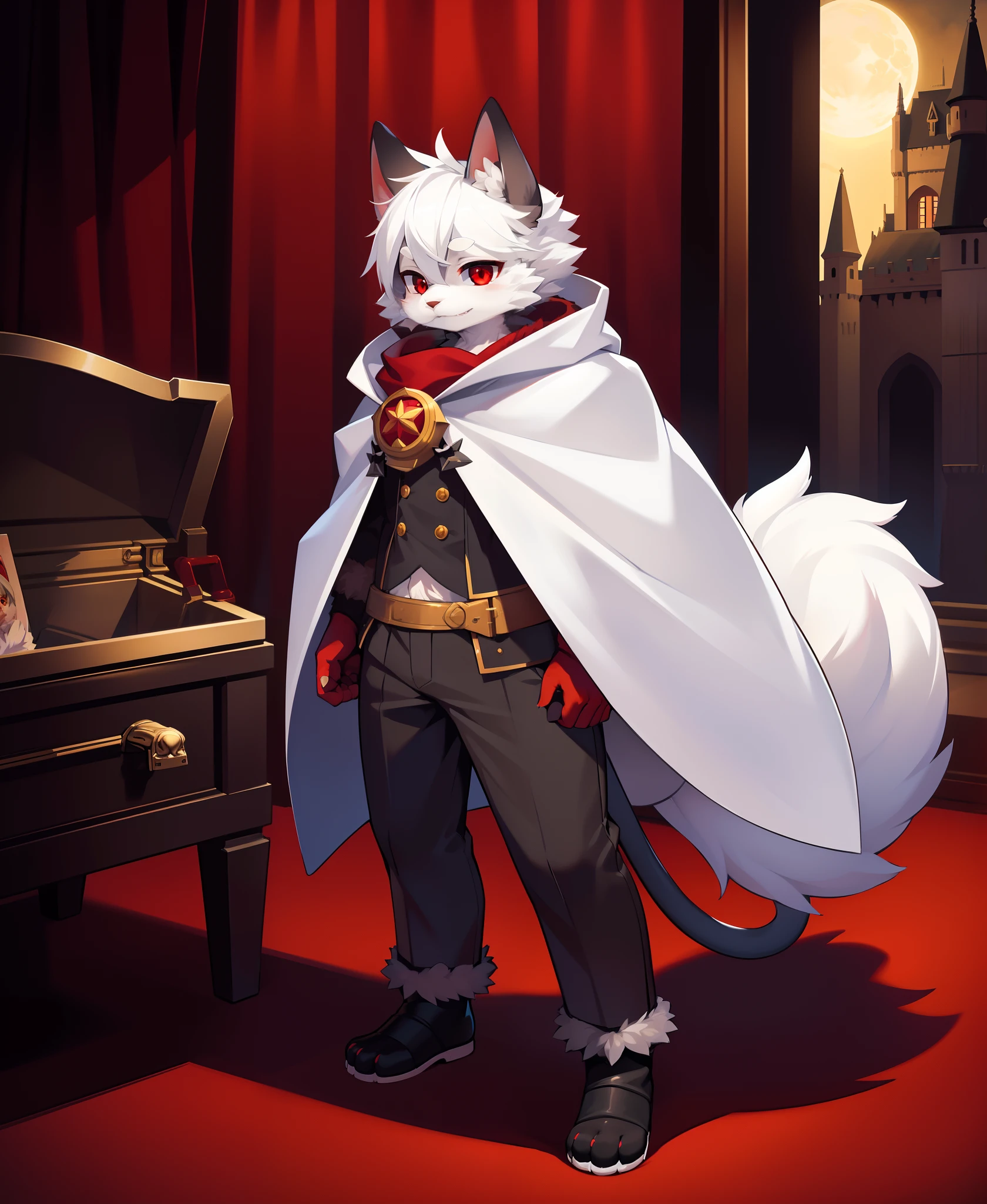 (dark environment:0.8),masterpiece, high quality, absurd res, digital painting \(artwork\), by dagasi, yupa,kiyosan,(anthro,fluffy fur,character focus:1.1),anthro male cat,short hair,portrait, bright eyes,panorama,character focus.(detailed background:0.7),solo,furry,furry male ,male focus,anthr,(Full body fur, fluffy tail, white fur,red eyes,gray hair:1.2),(long canines,vampire, cape:1.2),(interior,night, castle, coffin:1.1)