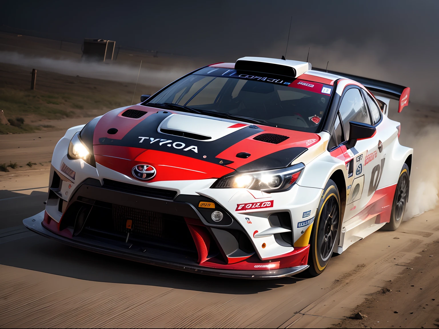 Toyota Corsa WRC runs at night Headlights on Large fog lights installed in the car Subsidy lights