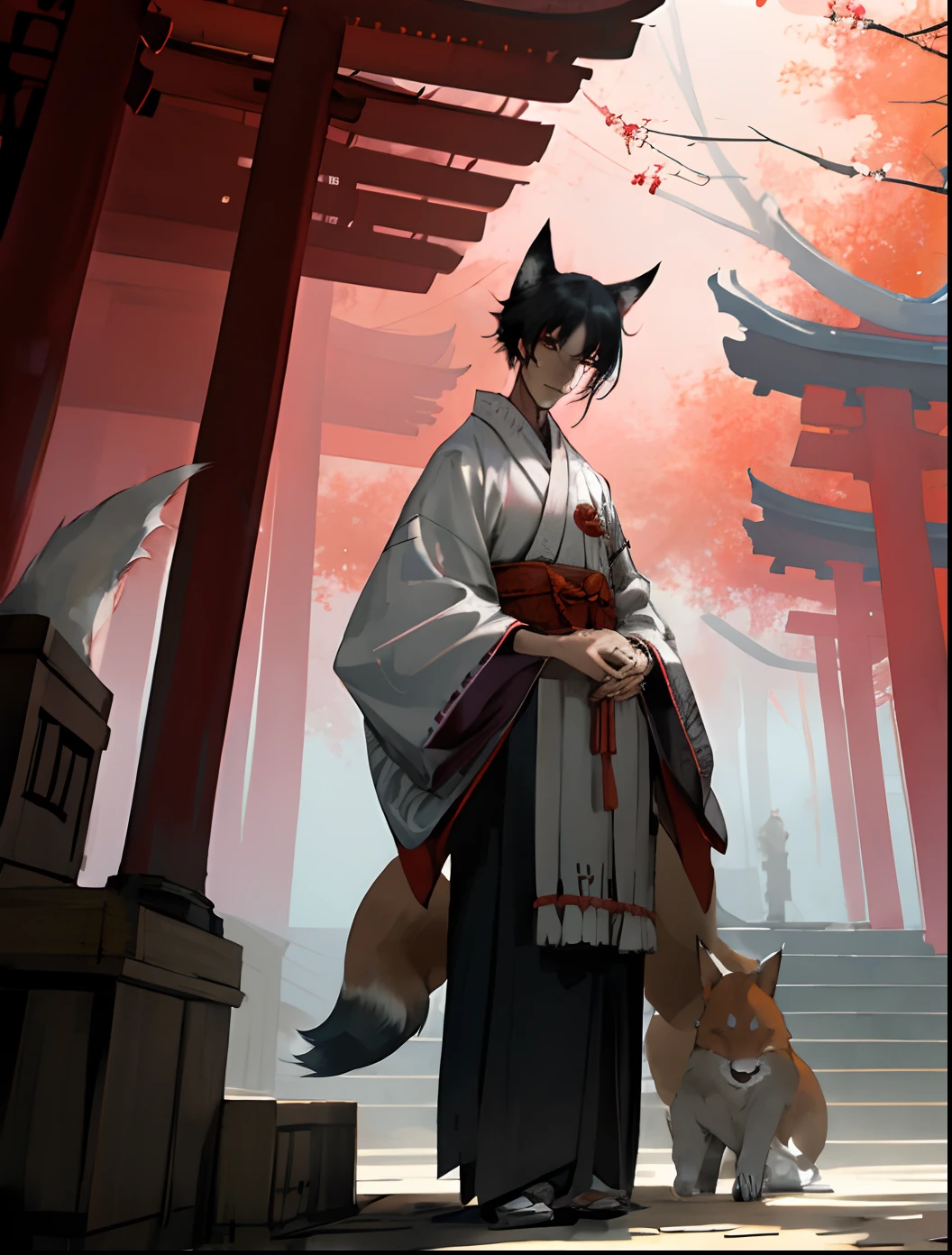Handsome Japanese clothes，fox，In front of the shrine