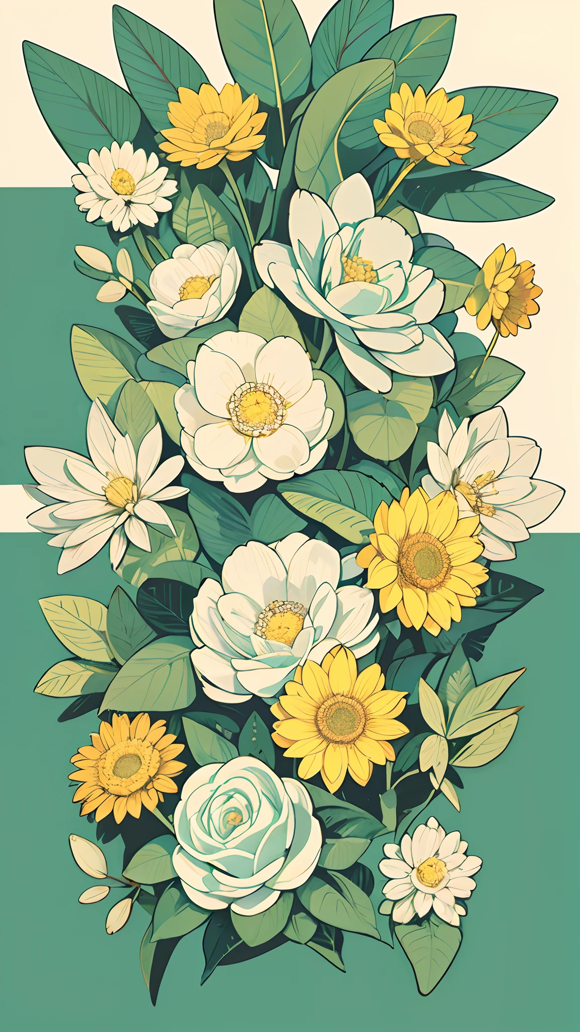 Slight vintage color,planar,,RISO print style,illustration,adolable,Leave white space,low-saturation,Lots of flowers，Individually arranged，leafs，branches，Printing， a sticker，Random distribution，Lovely drawing style， Color guide，Graphic design，Carpet pattern，（solid color backdrop）