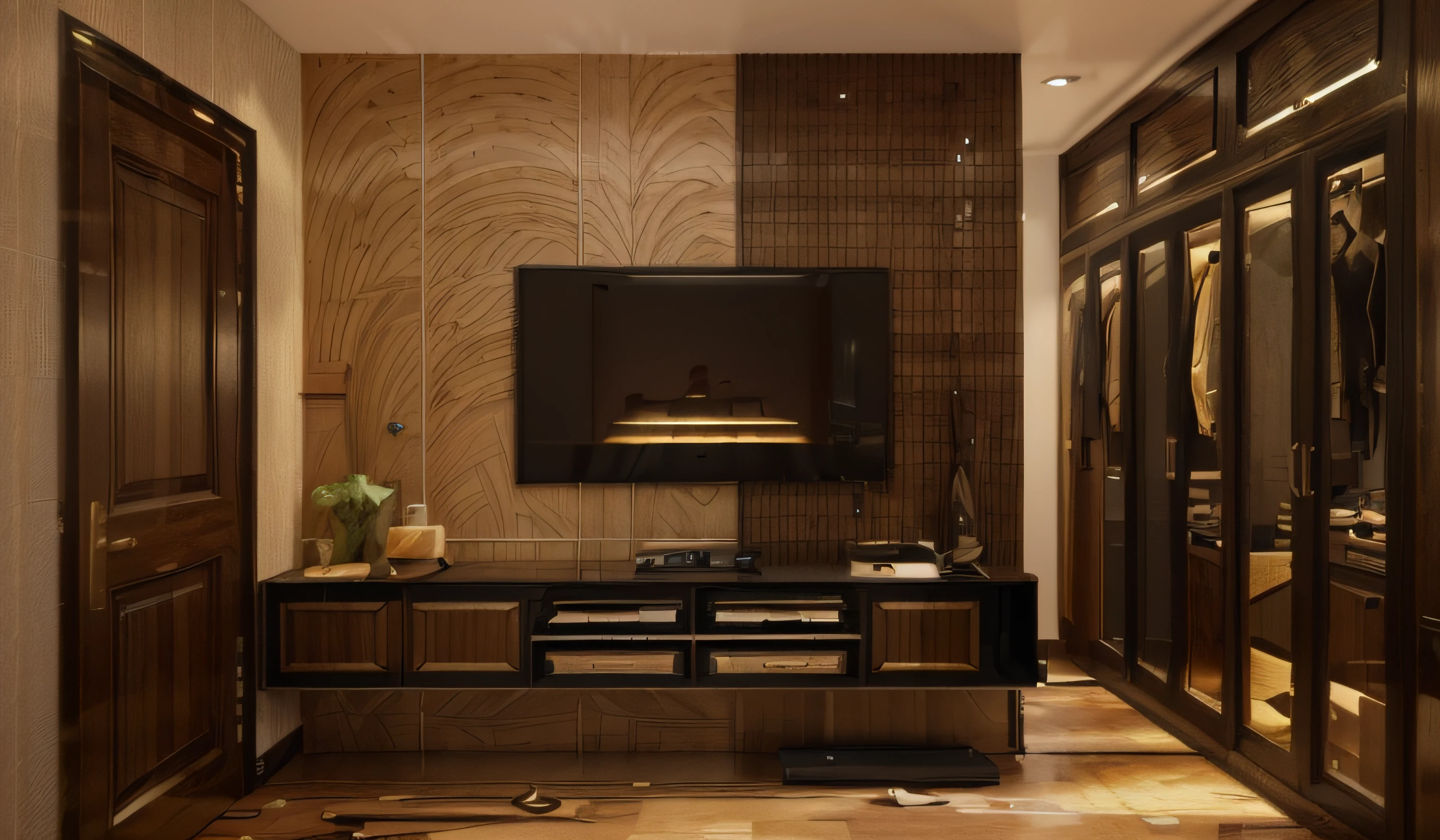 ((Best quality, 8k, Masterpiece :1.3)), Sharp focus :1.2, (Bedroom indochina BLACK Wood design: 1.3), (leaf door panel:1.1), (((black painted wooden furniture:1.1))), (photo realisstic: 1.2), (hyperdetails: 1.2), 1 chair, oriental classical pattern wall paneling, 1 classical altar, 2 ottomans, style cabinets Indochina, orange wall, indoor, indochina pano door, (Ceiling made of rattan and plasterboard), Stylized lotus pattern, stylized lotus-themed decorative painting, glossy marble floor,Round feather carpet, tiled floor with geometric pattern with border, bedside cabinet with curling iron pattern, Curved iron door, wooden frame door with panel made of wrought iron pattern combined with dó paper, daylight, Unreal Engineer 8K, full HD 8K