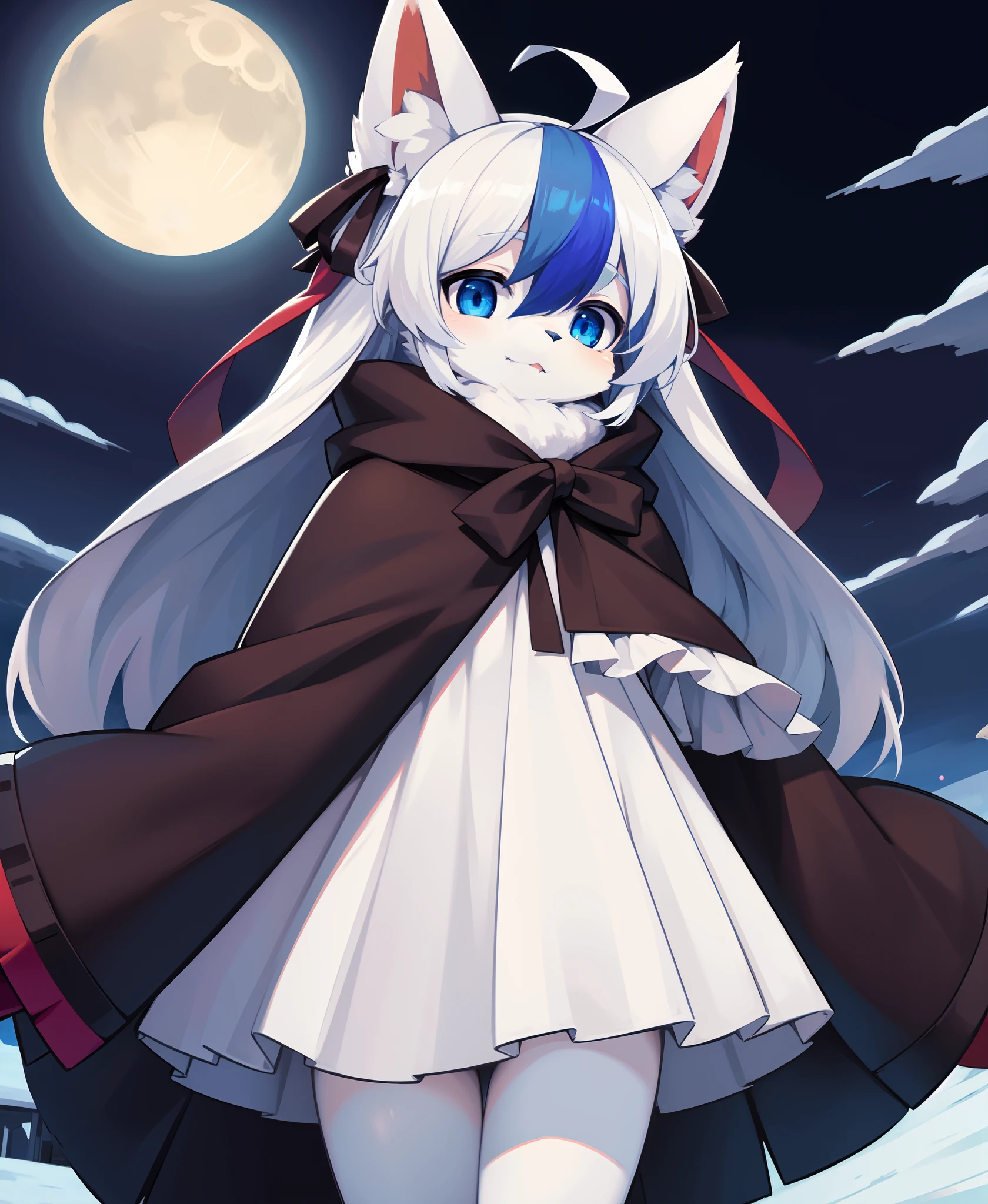 (fluffy anthro furry:1.3), 1girl, solo, furry wolf, wolf ears, kemono, (closed mouth, cloak:0.9), crescent moon, moonlight, hair ribbon, ahoge, two-tone hair, (atmospheric perspective, amazing background, night, cloudy sky, snow, snowing, glacier:0.8), (multicolored hair, blue eyes:1.3),