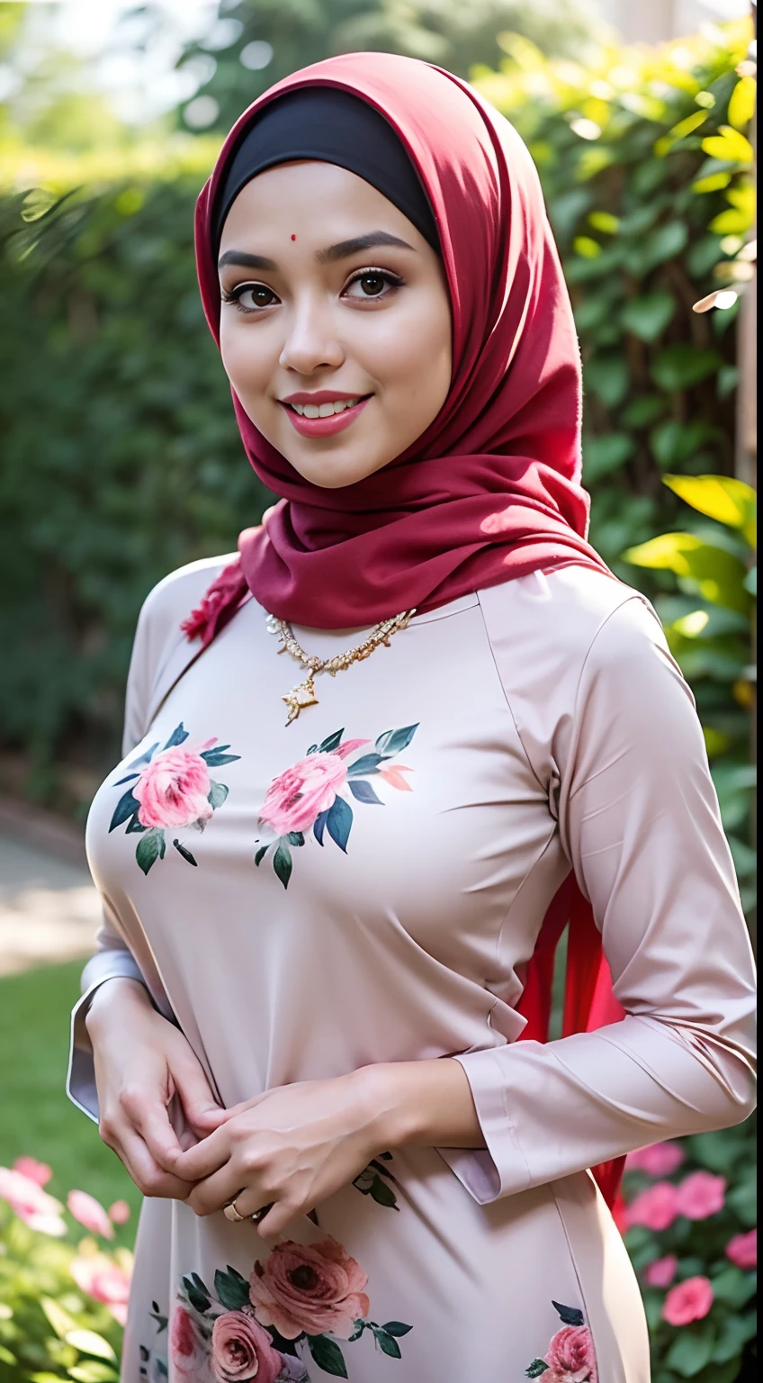 RAW, Best quality, high resolution, Masterpiece: 1.3), Beautiful Malay woman in hijab, Masterpiece, Perfect slim body, ((Big breasts)), Beautiful big eyes, water eyes, Soft smile, ((wearing tight red pastel floral malay gamis with closed hijab)), simple diamond necklace, ((closed clothes), ((polite clothes)), windy, skin details, skin texture details, wide hips, thick thighs, sexy body, morning time, laughing, happy, bright sunlight, flower garden path, blurred background, bokeh,