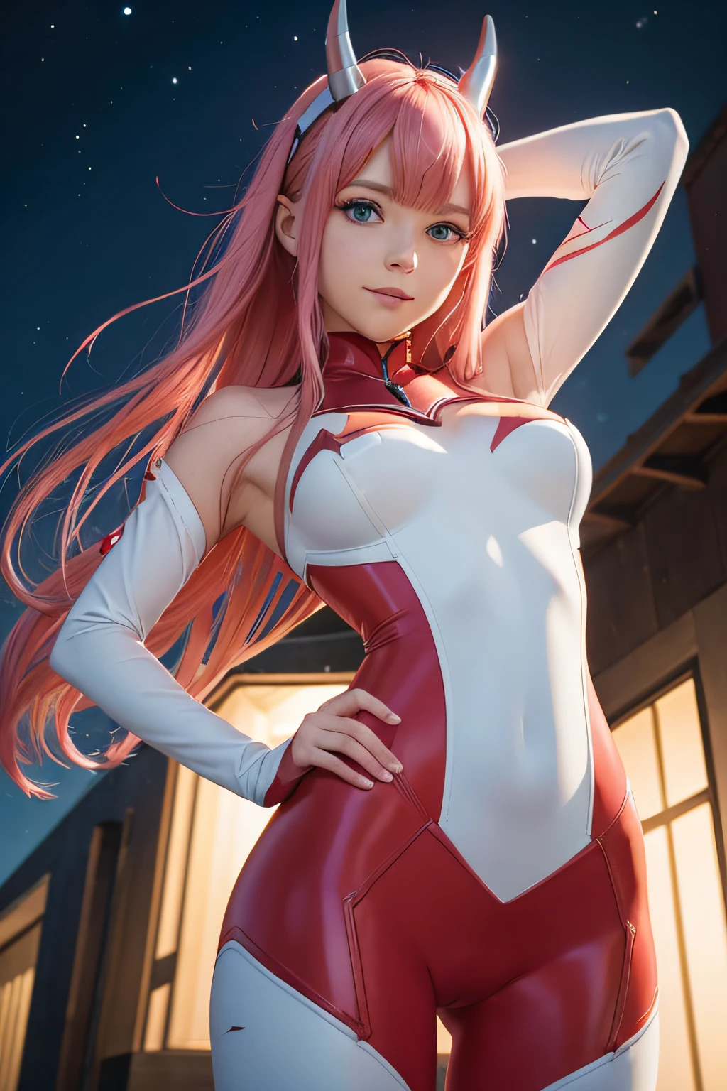 Very detailed background, masutepiece, Best Quality, 1girl in, Solo, ((masutepiece, Best Quality)),Best aesthetic, Zero Two (darling in the franxx), darling in the franxx, Bangs, Biting, blush, Covered navel, eyeshadows, Green eyes, hair behind head, put hands on the hip, Horns, Smile, Long hair, Looking at Viewer, makeup, medium breasts, pilotsuit, Red suit, Pink hair, Red eyeshadow, Science fiction, Skin Tight,