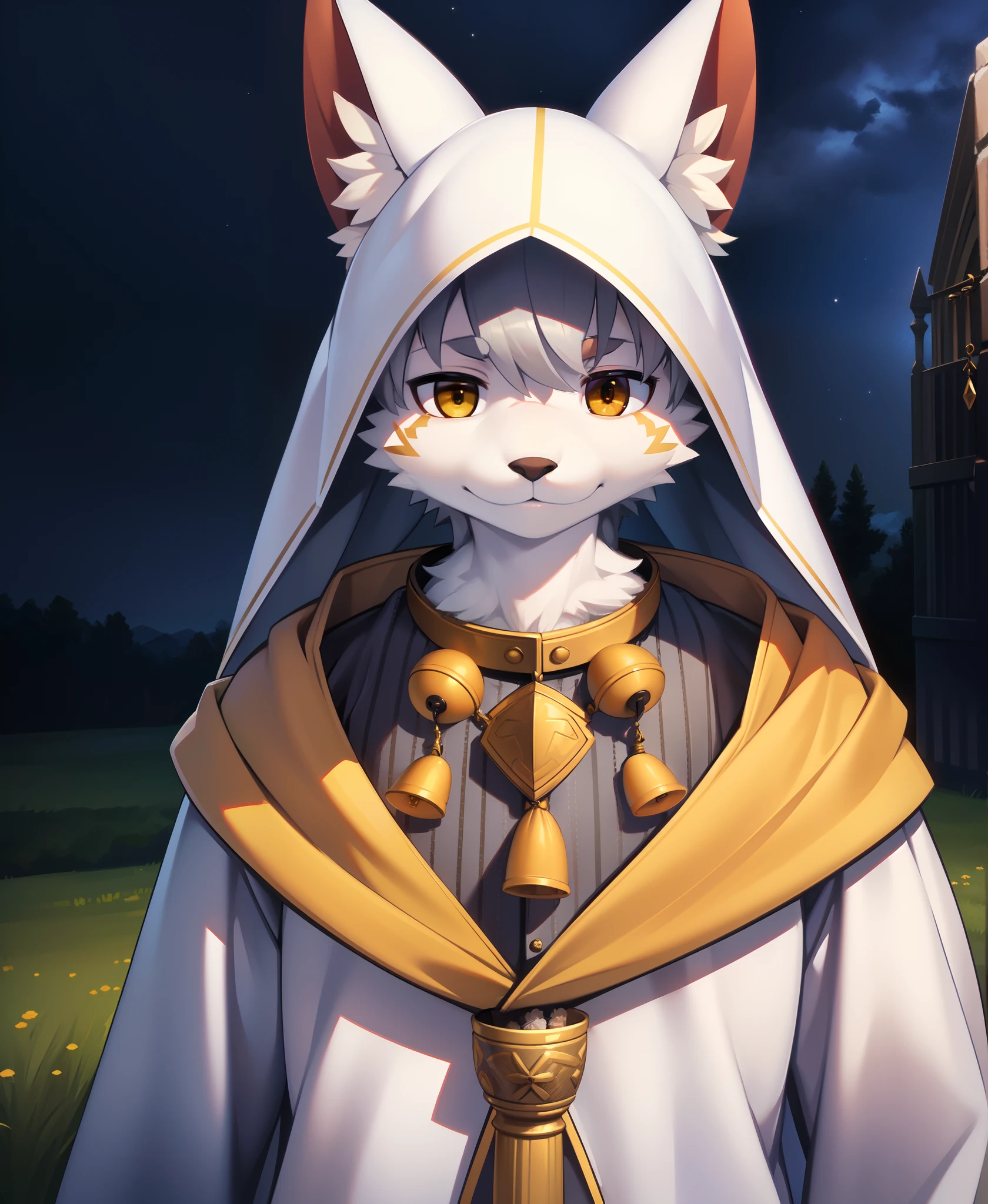 Masterpiece, high-quality portrait, 3D realistic CG, 16k, dramatic lighting, intricate details, impasto, anthro, furry, gray hair all over, (youth), only child boy, field, night, vista, a white cloak with yellow bells on the collar, white ears, (by kekitopu)