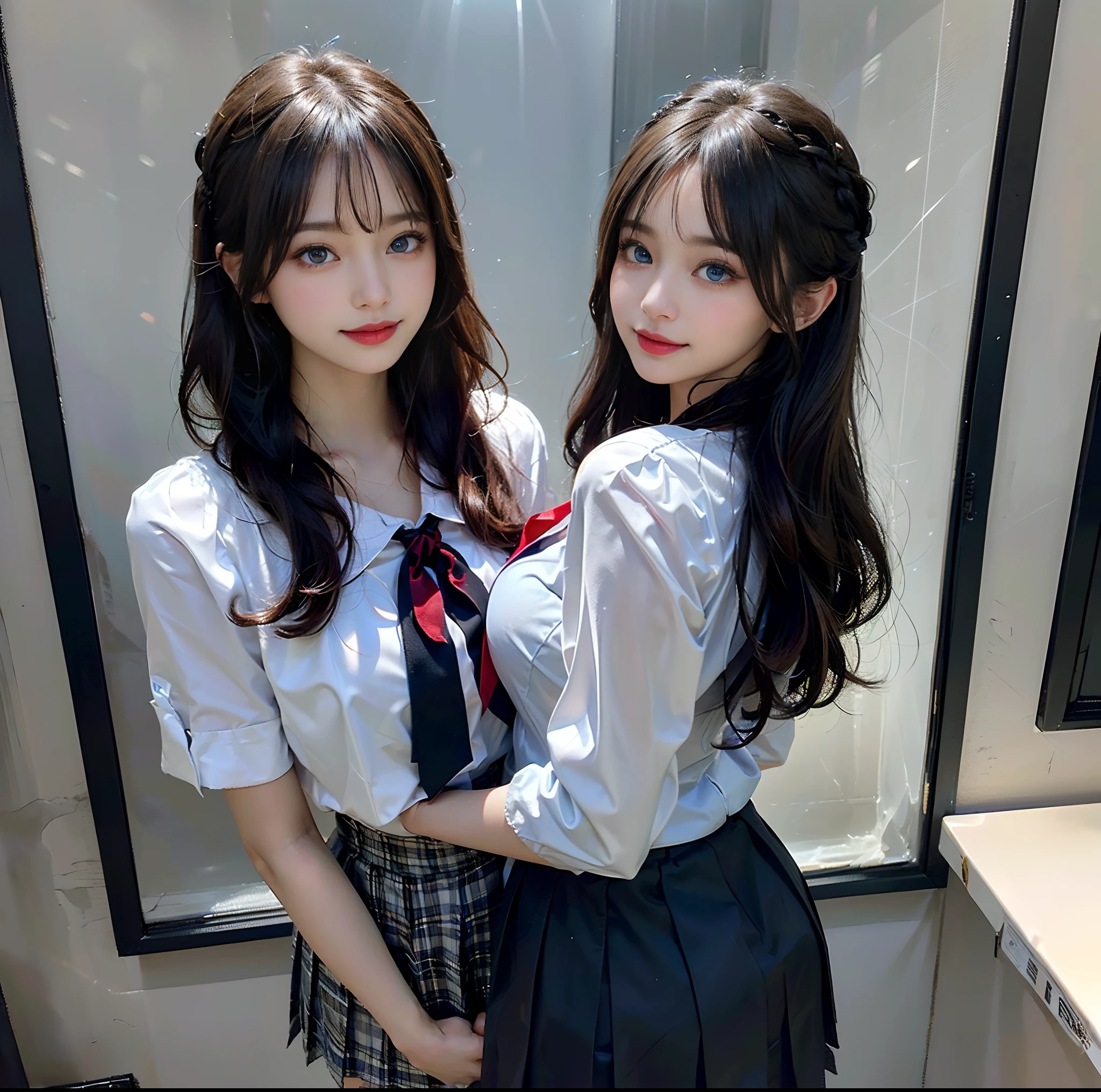 (8K、Raw photography、top-quality、masterpiece:1.2)、ultra-detailliert、ultra res、(hyper reality、)ultra-detailliert、ultra res、(realisitic、Real Photographics:1.47)、(Hugging each other)Leaning closer、(Fantastic lighting)Hugging、电影灯光、de pele branca、Fair-skinned female proofreading、An ultra-high picture quality、Stylish lighting、Beautiful female proofreading reflecting in light、amazing detailed、Beautiful girls in very detailed、Faces with different patterns、Different face patterns、Each hairstyle has its own characteristics、Farbe々Hairstyle、Farbe々Hair color、Circle of Angels、Having a conversation in a classroom at school、Brown hair shining in the light、One has a ponytail、、Modern cute high school girl、very detailed faces very detailed eyes、Very realistic skin、 extremely detailed fingers, highly detailed nose, highly detail mouth, perfect anatomia, Highly detailed sailor suit、highly detailed back ground,After school、Smiling school girls are gathered in the hallway of the school。They are hugging each other in uniform、Light from bright windows illuminates the classroom、The details of their hair and uniforms shine through.。, famous Japan idol, cute little, Realistic body, de pele branca, glistning skin, Slim body, Long straight hair, (Blunt bangs:1.2), two young women in school uniforms hugging each other in a hallway, two japanese schoolgirls posing, nixeu and sakimichan, TWICE, Seifuku, sakimichan, JK Uniform, wearing japanese school uniform,
