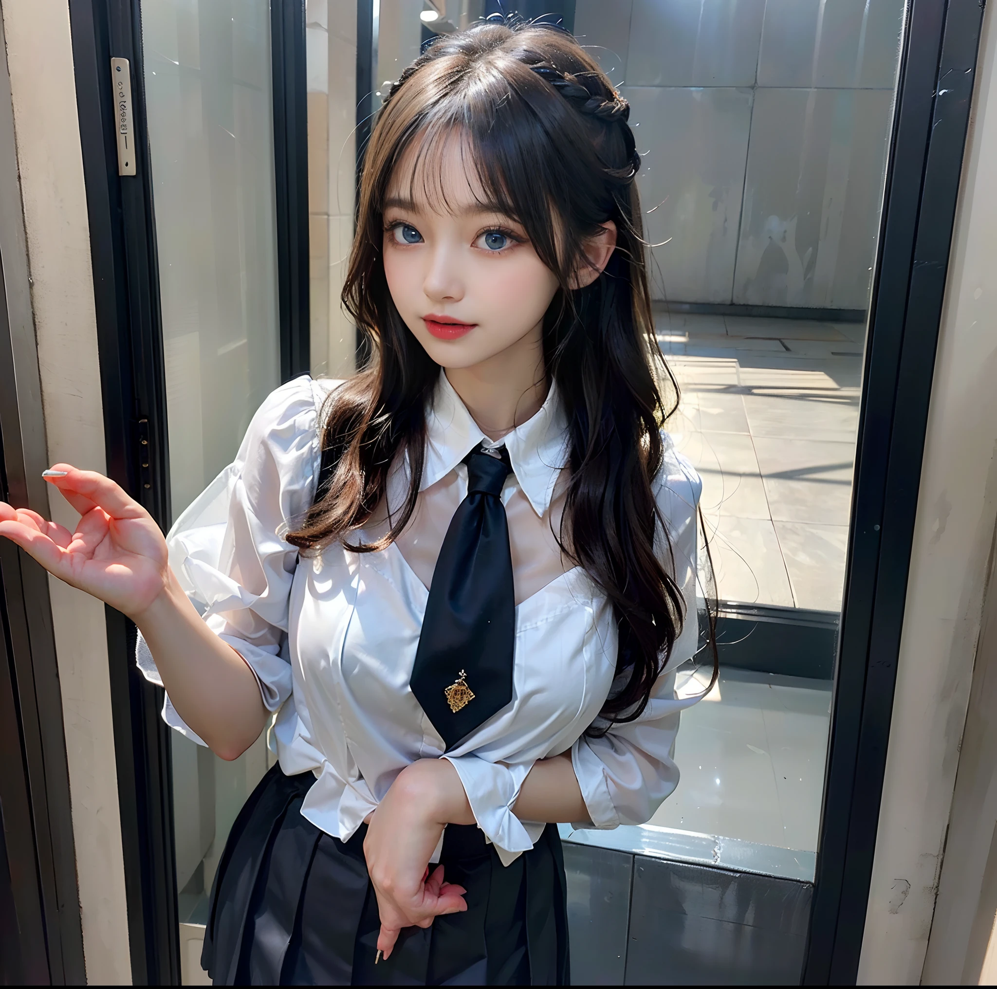 (This is a very delicate and beautiful work.)、(masterpiece)、one girl、shining black eyes, korean school uniform, summer clothes shirt, ribbon tie, skirt, bright blonde, school stairs, big breasts, Chest Thrusting Pose, Pose to show your chest, 8K RAW photo, High resolution, Cool Korean at , very big round breasts, Beautiful eyes in detail, long eyelashes, beautiful double eyelids, eye shadow, eyeliner, narrow eyes, elongated eye shape, innocent look,reckless smile, Very slender legs are beautiful, beautiful very thin thighs, short hair、wavy hair, hair tied at the back of the head, earrings,Nogizaka、white panties