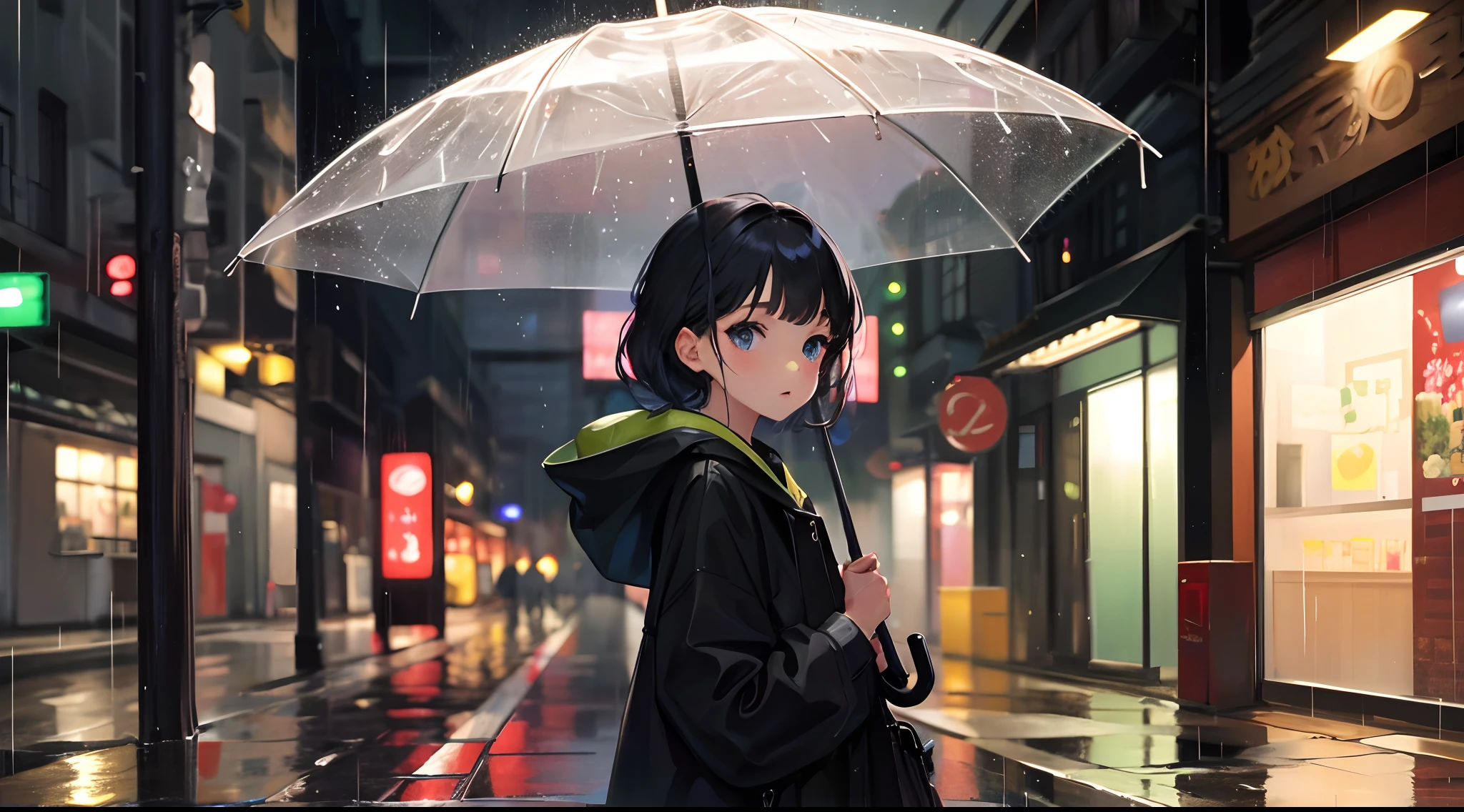 girl holding an umbrella in a rainy day, niji 5