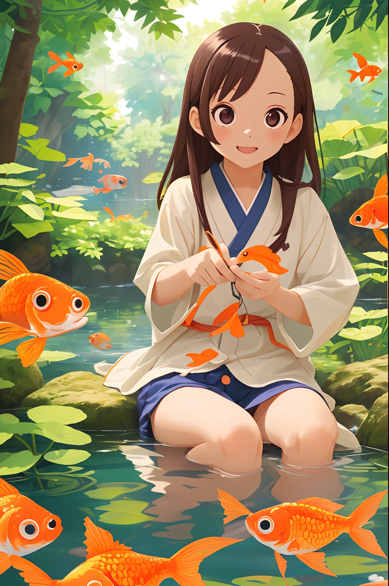 (masutepiece:1.2),(Best Quality:1.1),(Ultra-detailed:1.1),(Realistic:1.2),(Colorful:1.2),(Young girls:1.3),(Japanese:1.1),(Clothing samples:1.1),(Girls playing with goldfish scoop:1.3),(Colorful contact lenses:1.2),(FULL BODYSHOT:1.2),(Summer:1.1)
