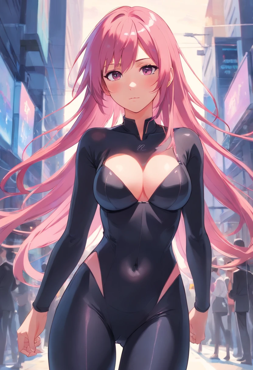 Perfect woman, full body, pink hair, long hair, serious expression, Black skintight suit, large breasts