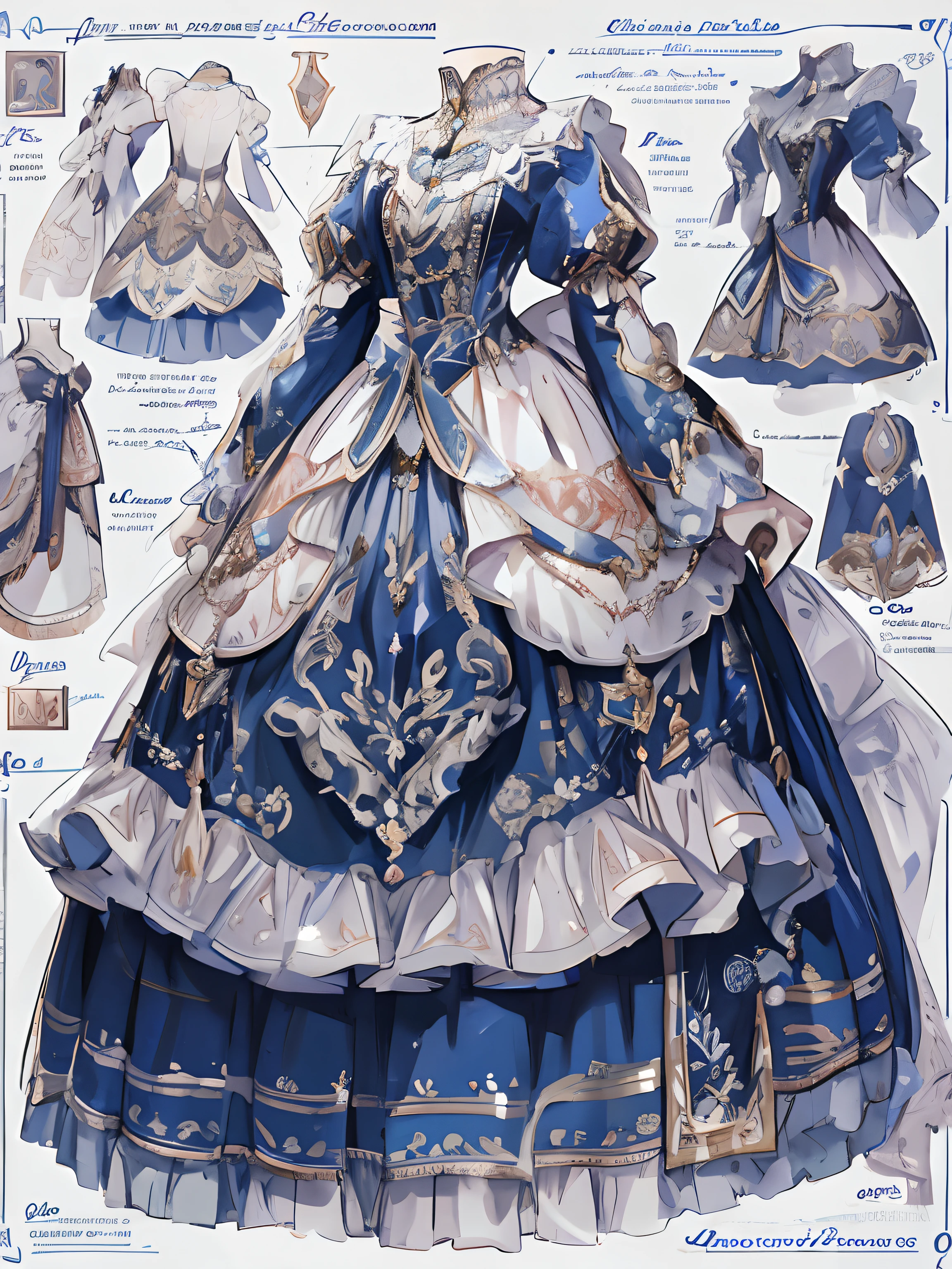 There are a lot of close-ups of dresses in different designs, very detailed and rich clothing, royal robe, Rococo dress, Robe. extremly high detail, intricate costume design, highly detailed exquisite fanart, Highly detailed character design, Detailed clothes, dress in the style of rococo, Robes! Intricate, Costume with blue accents, adorned in majestic attire, imperial royal elegant clothing