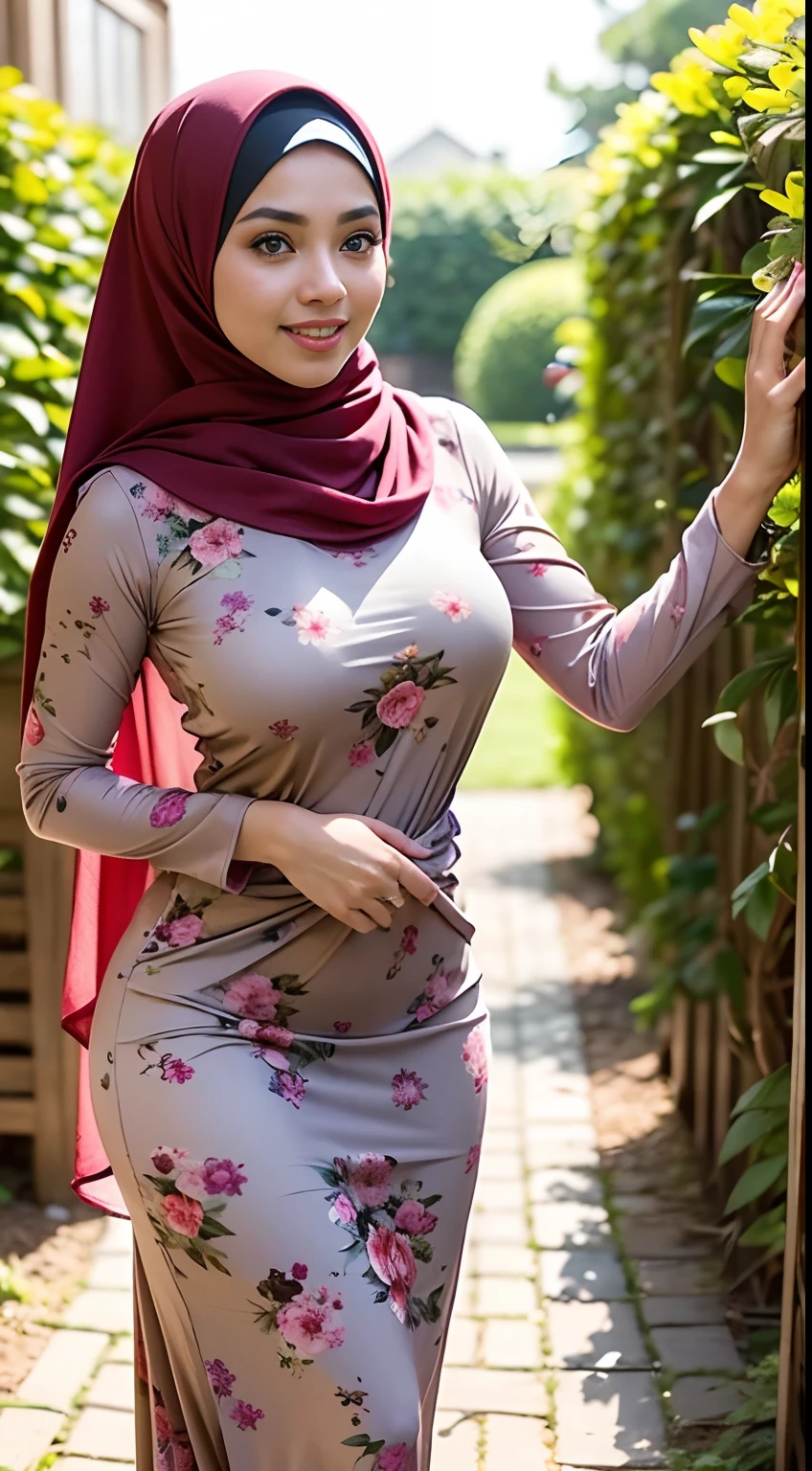 RAW, Best quality, high resolution, Masterpiece: 1.3), Beautiful Malay woman in hijab, Masterpiece, Perfect slim body, ((Big breasts)), Beautiful big eyes, water eyes, Soft smile, ((wearing tight red pastel floral malay gamis with closed hijab)), simple diamond necklace, ((closed clothes), ((polite clothes)), windy, skin details, skin texture details, wide hips, thick thighs, sexy body, morning time, laughing, happy, bright sunlight, flower garden path, blurred background, bokeh,