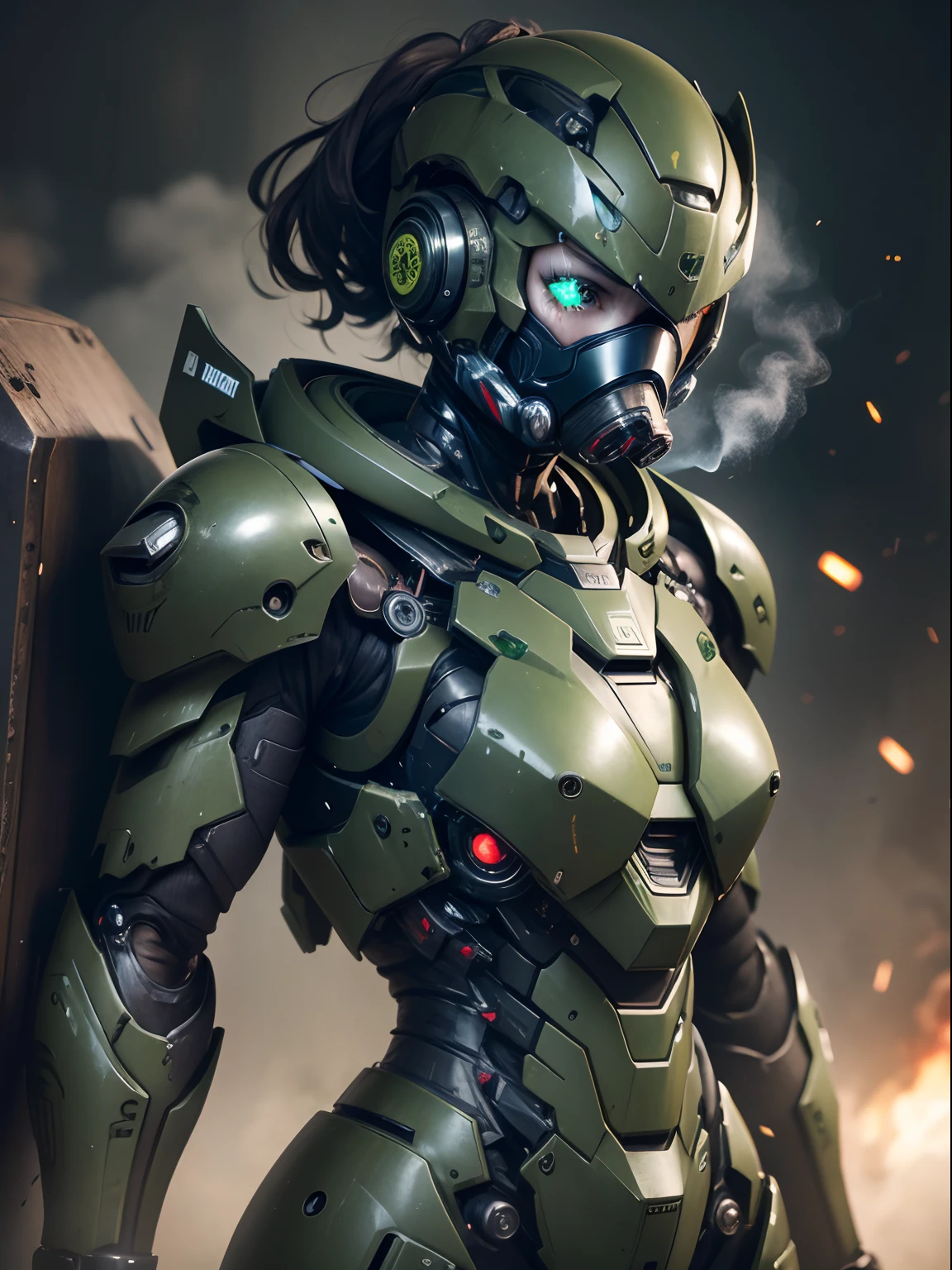Textured skin, Super Detail, high details, High quality, Best Quality, hight resolution, 1080p, hard disk, Beautiful,(War Machine),Beautiful robot suit middle aged woman,Mecha Cyborg Girl,(dark green armor)((Major damage)),Woman with mechanical body、She wears a futuristic war machine weapon mech,Fulll body Shot、full face helmet(Only the eyes are visible)(Painful look)、The damage was great、Very sweaty face、cute little、(Cyber Large Gas Mask)Smoke from the mouth、The is visible、Full of wounds all over the body、The whole body is battered.、Smoke comes from the whole body、eyes are brown