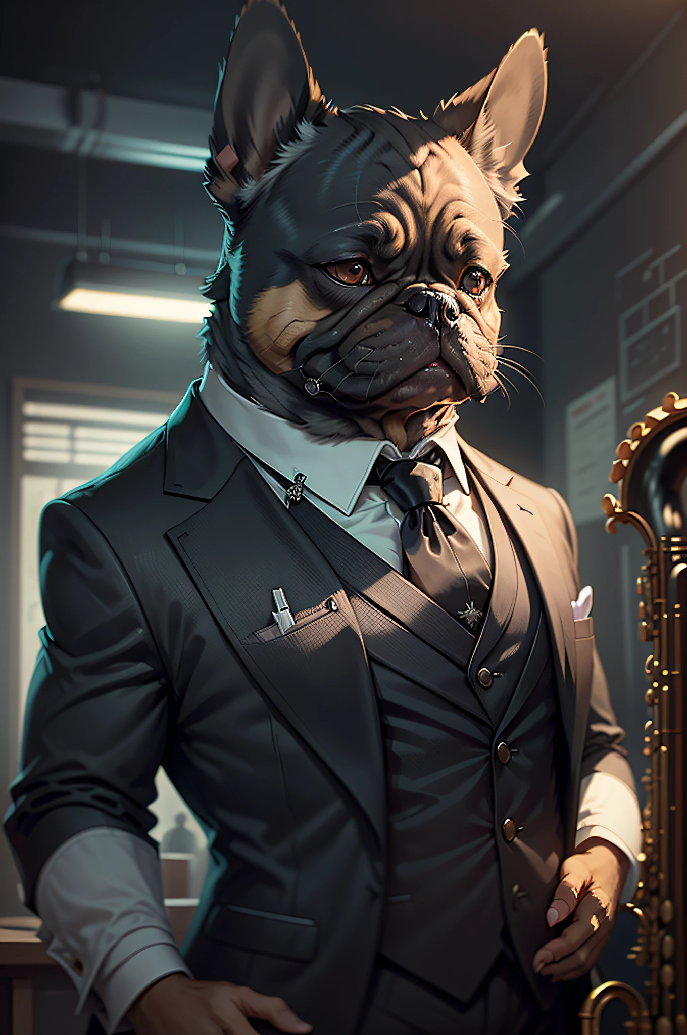 (Man in black suit and tie)Cartoon playing the saxophone intensely、Anthropomorphic French Bulldog